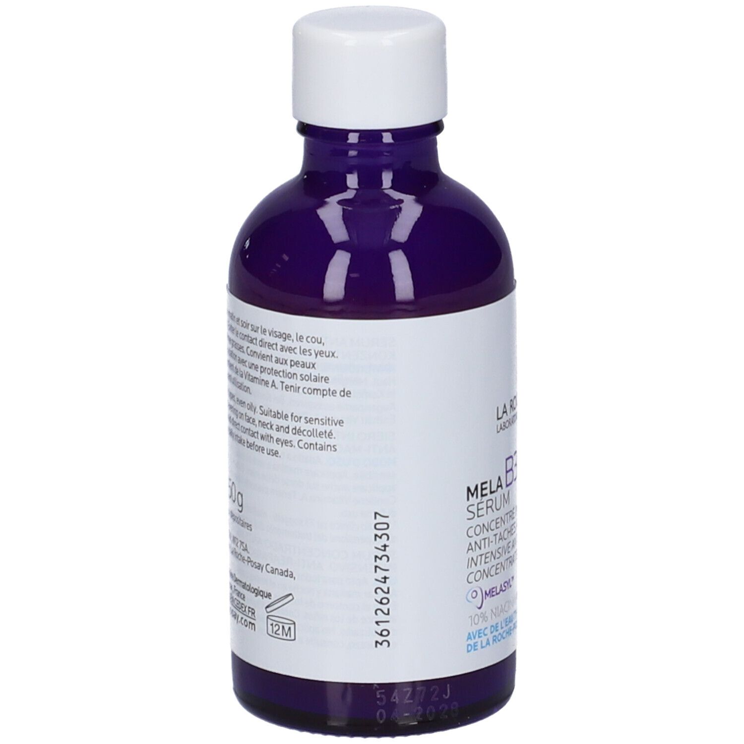 Retro del flacone di siero viola. Scritte con ingredienti e informazioni del produttore. 50g.