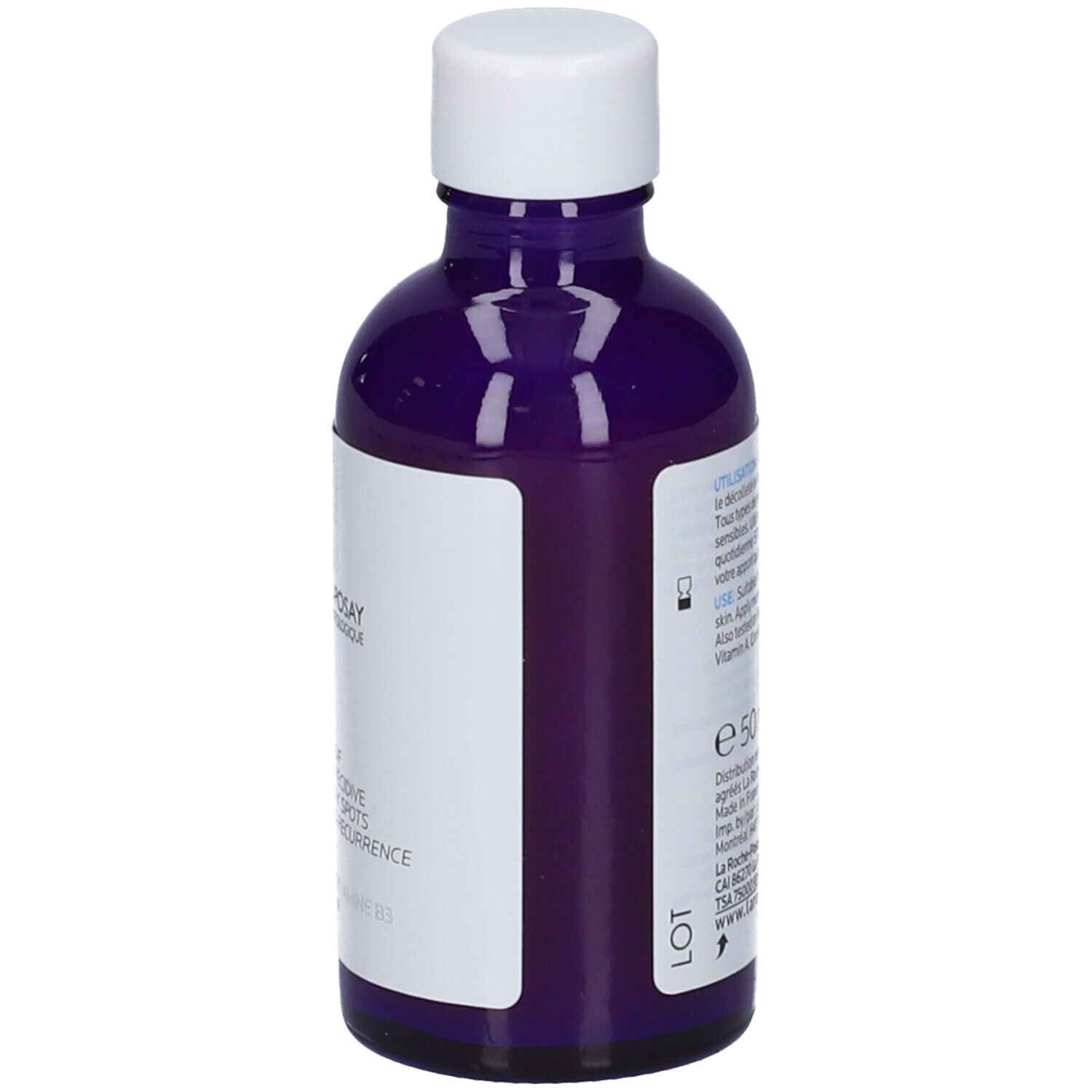 Retro del flacone di siero viola. Scritte con informazioni sul prodotto e produttore. 50 ml.