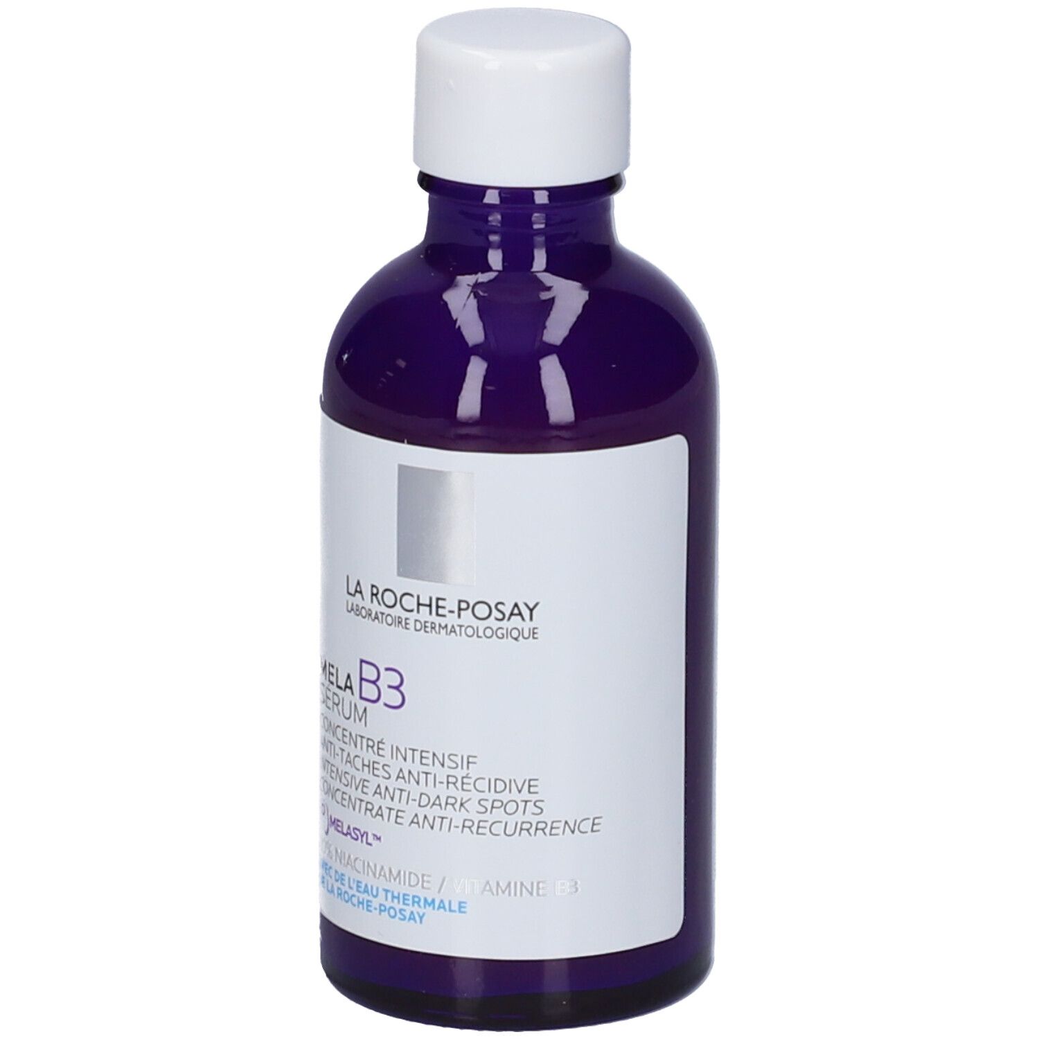 Flacone di siero viola con tappo bianco. Scritta: La Roche-Posay, Mela B3 Serum. Concentrato anti-macchie.