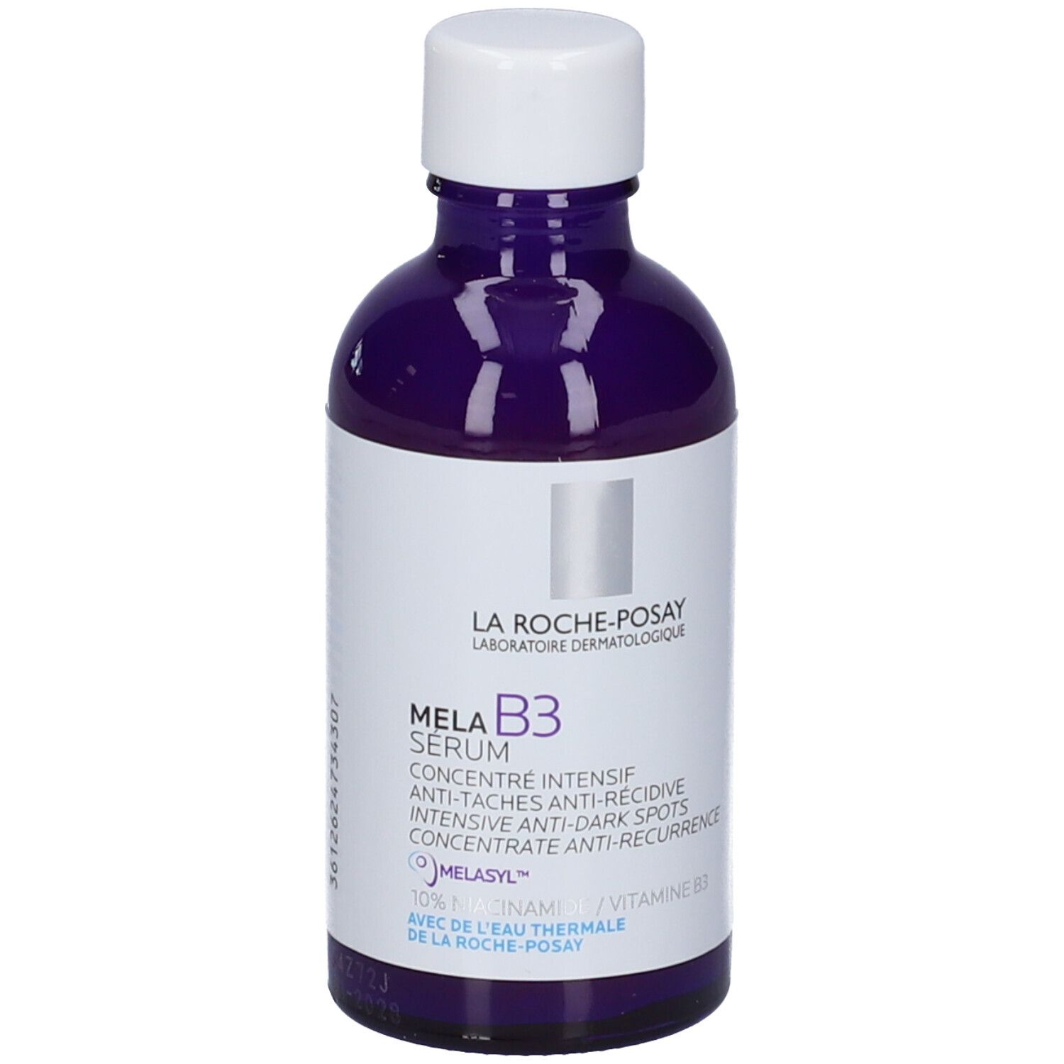 Flacone di siero viola con tappo bianco. Scritta: La Roche-Posay, Mela B3 Serum. Concentrato anti-macchie.
