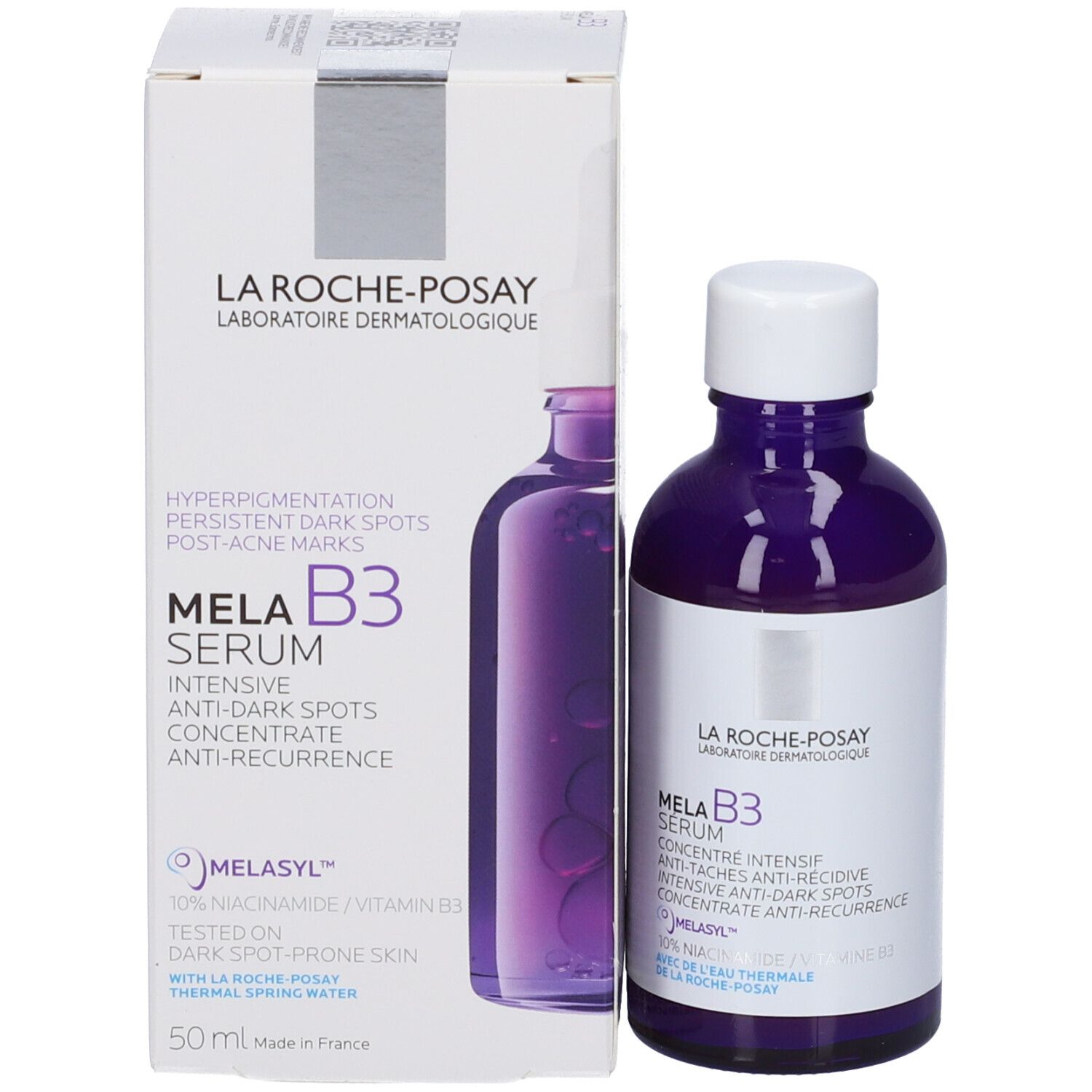 Confezione del prodotto e flacone di siero. Confezione con nome e descrizione del prodotto. Flacone viola.