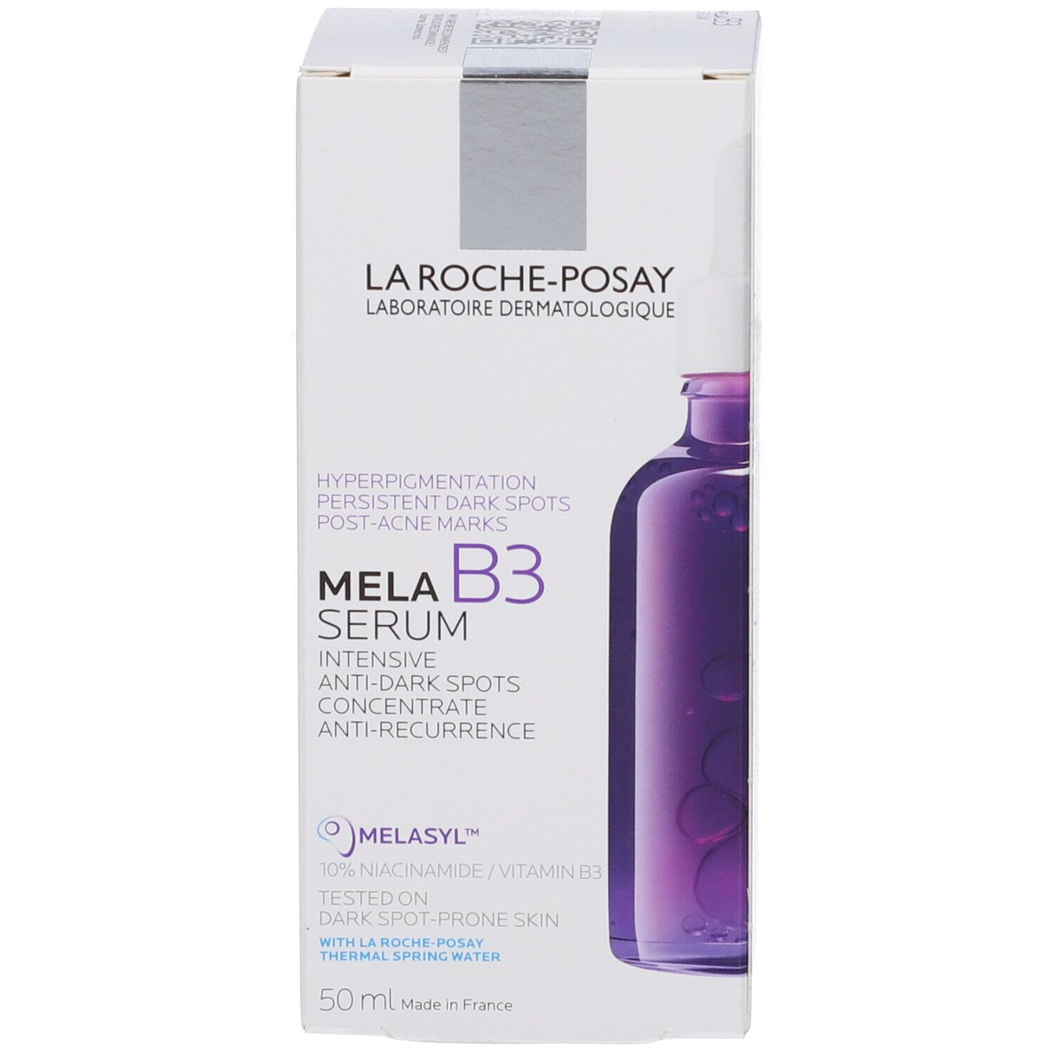 Confezione del prodotto. Scritta: La Roche-Posay Mela B3 Serum. Descrizione per macchie e iperpigmentazione.