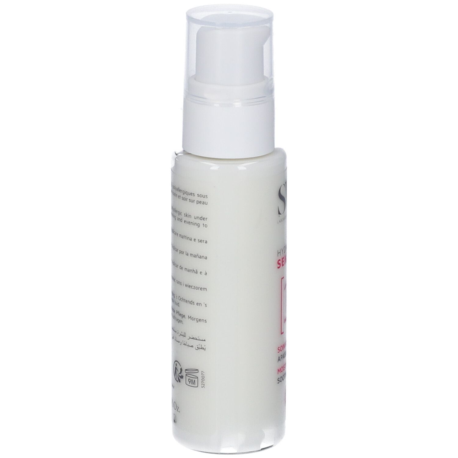 Flacone bianco con dosatore. Scritte SVR, HYDRA-CREME SENSIFINE. Testo multilingue sul retro.