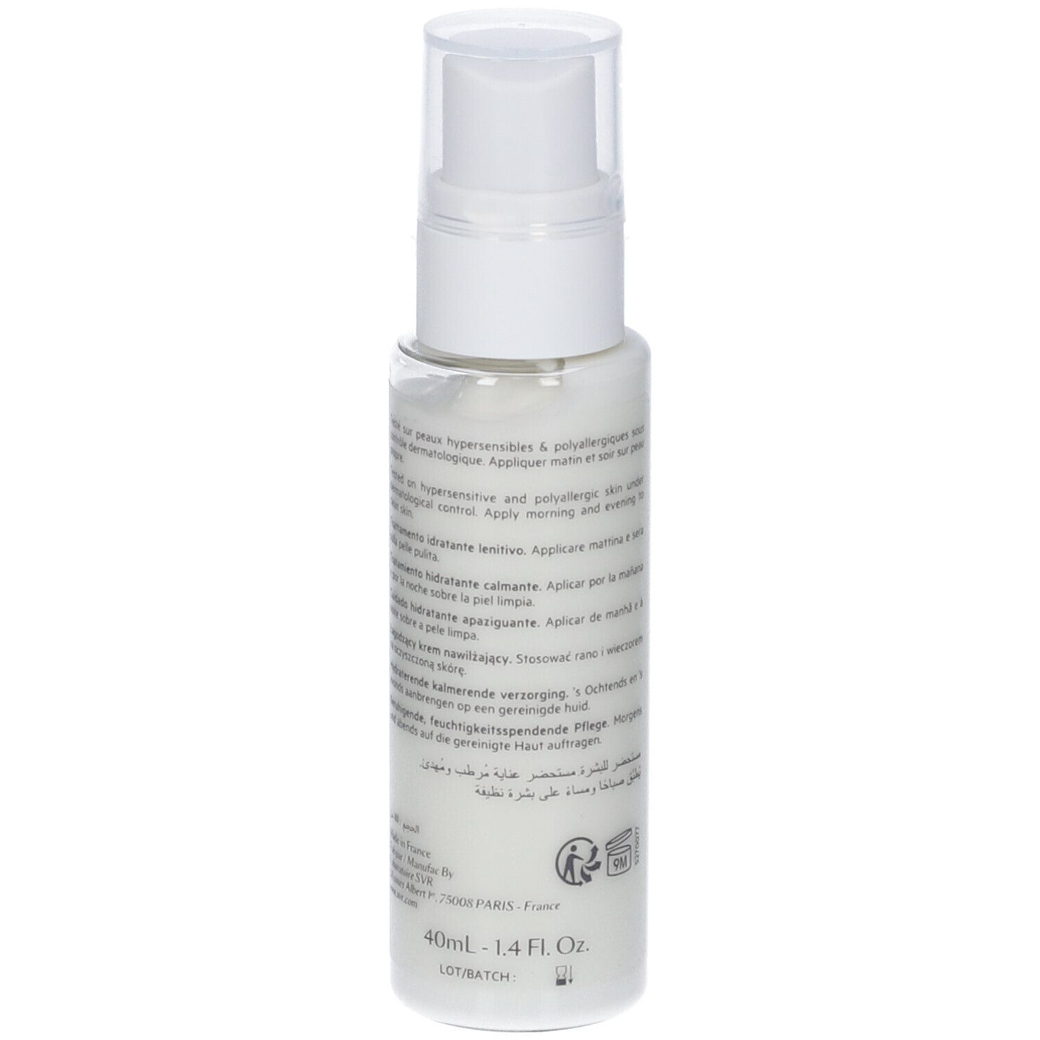Flacone bianco con dosatore. Scritte SVR, HYDRA-CREME SENSIFINE. Testo multilingue sul retro.