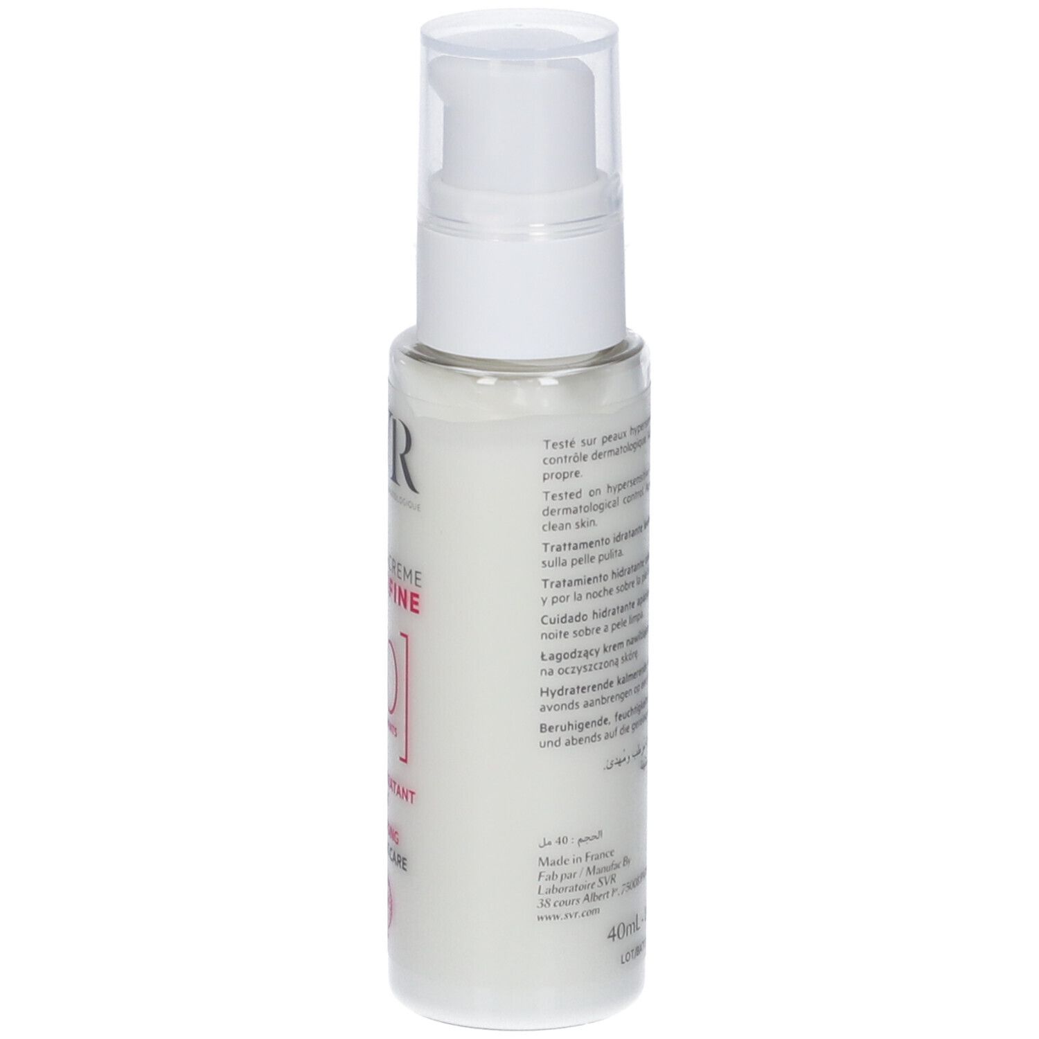 Flacone bianco con dosatore. Scritte SVR, HYDRA-CREME SENSIFINE. Testo multilingue sul retro.