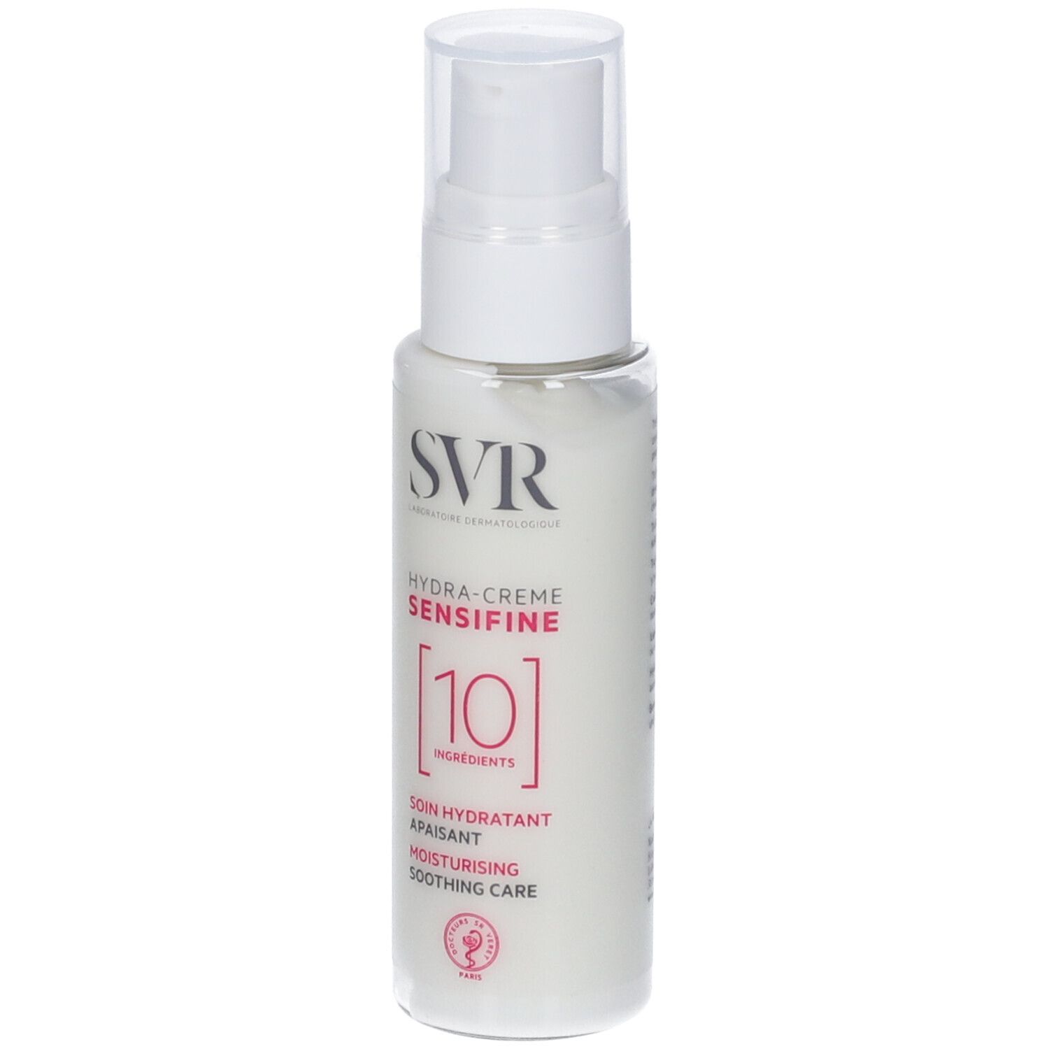 Flacone bianco con dosatore. Scritte SVR, HYDRA-CREME SENSIFINE, [10] INGREDIENTS. Cura idratante lenitiva.