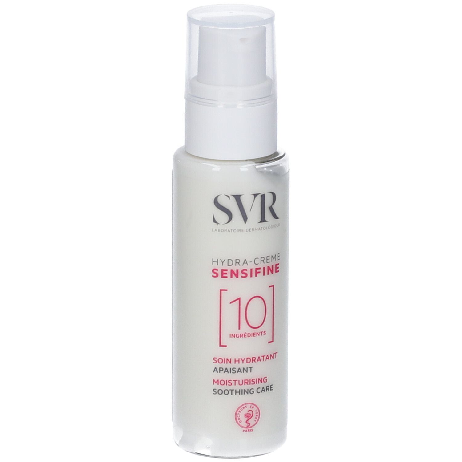 Flacone bianco con dosatore. Scritte SVR, HYDRA-CREME SENSIFINE, [10] INGREDIENTS. Cura idratante lenitiva.