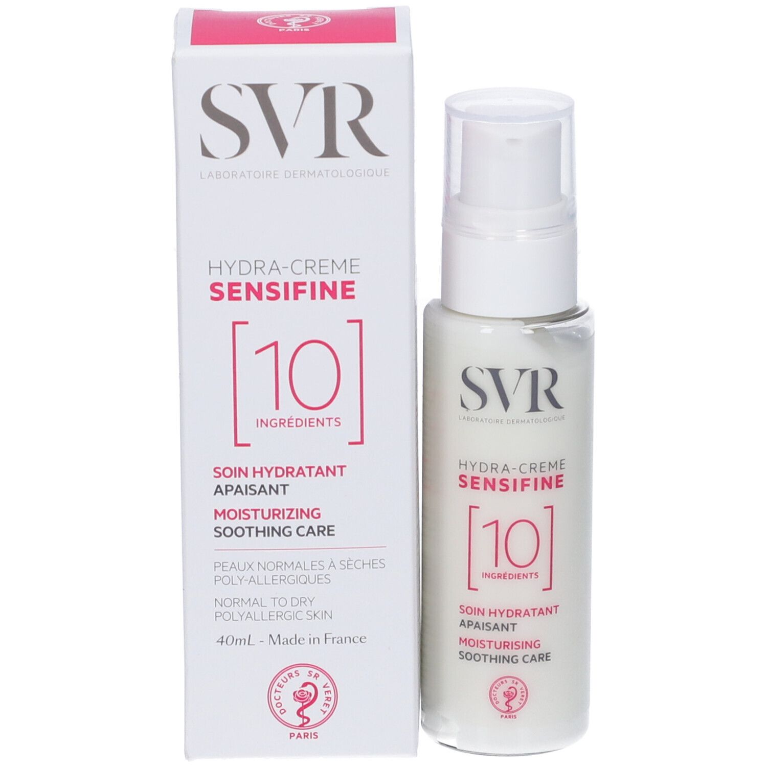 Confezione e flacone. Scritte SVR, HYDRA-CREME SENSIFINE, [10] INGREDIENTS. Cura idratante lenitiva.