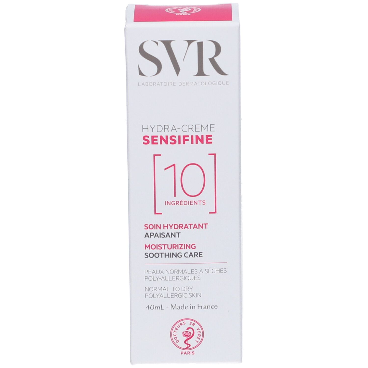 Confezione del prodotto. Scritte SVR, HYDRA-CREME SENSIFINE, [10] INGREDIENTS. Cura idratante lenitiva.