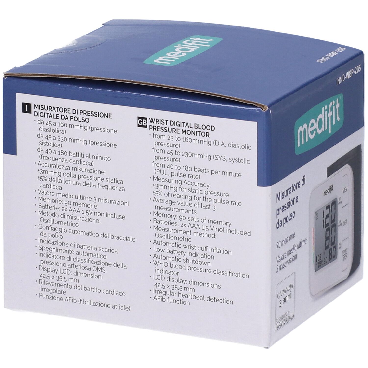 Confezione del misuratore di pressione da polso Medifit. Testo con dati tecnici e specifiche.