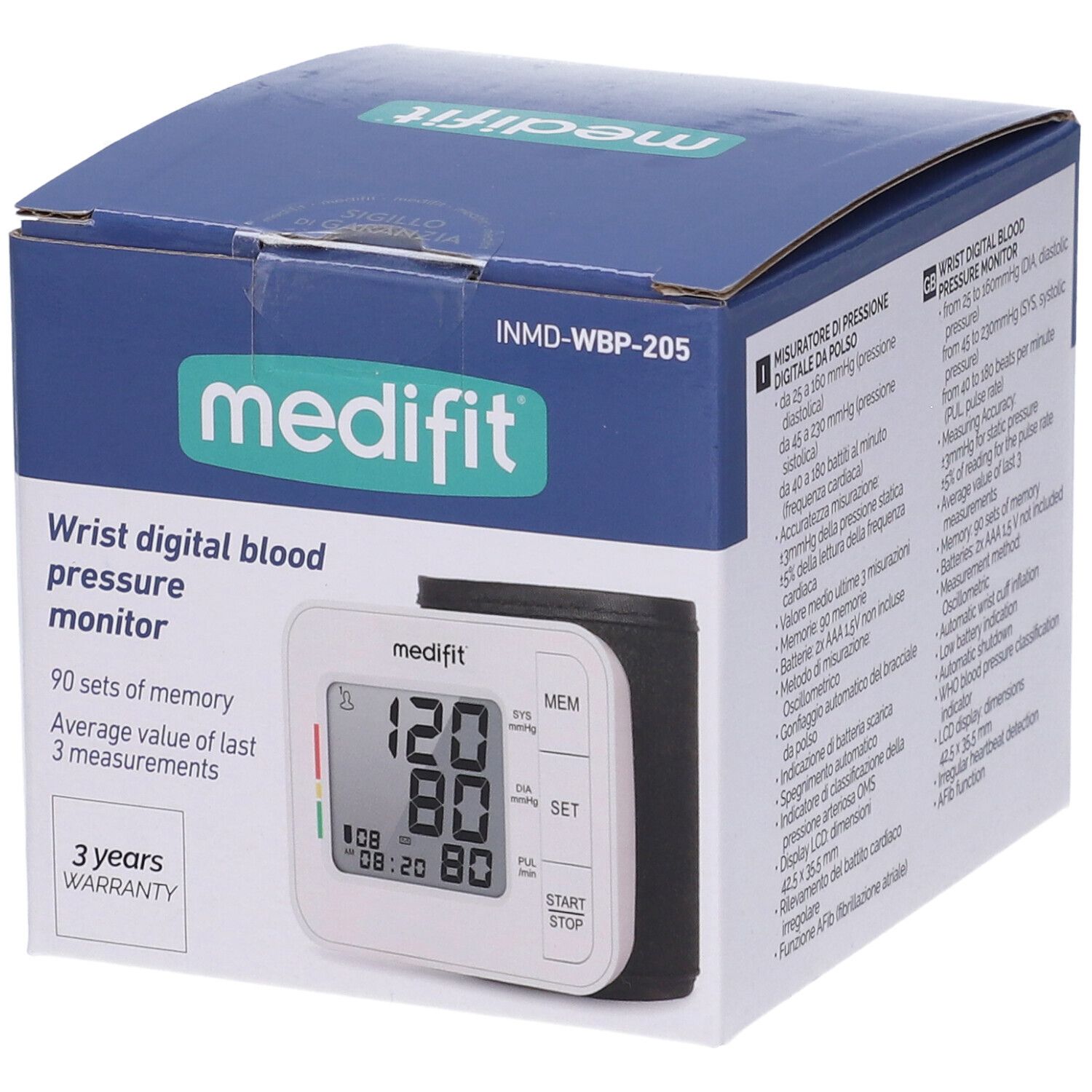 Misuratore pressione da polso Medifit in confezione. Display digitale con valori. Garanzia 3 anni.