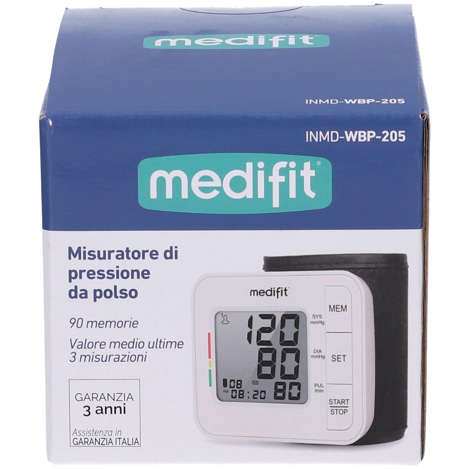 Misuratore pressione da polso Medifit in confezione. Display digitale con valori. Garanzia 3 anni.