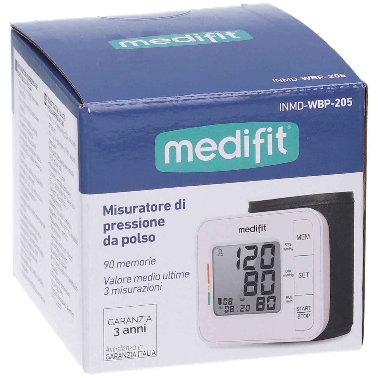 Misuratore pressione da polso Medifit in confezione. Display digitale con valori. Garanzia 3 anni.
