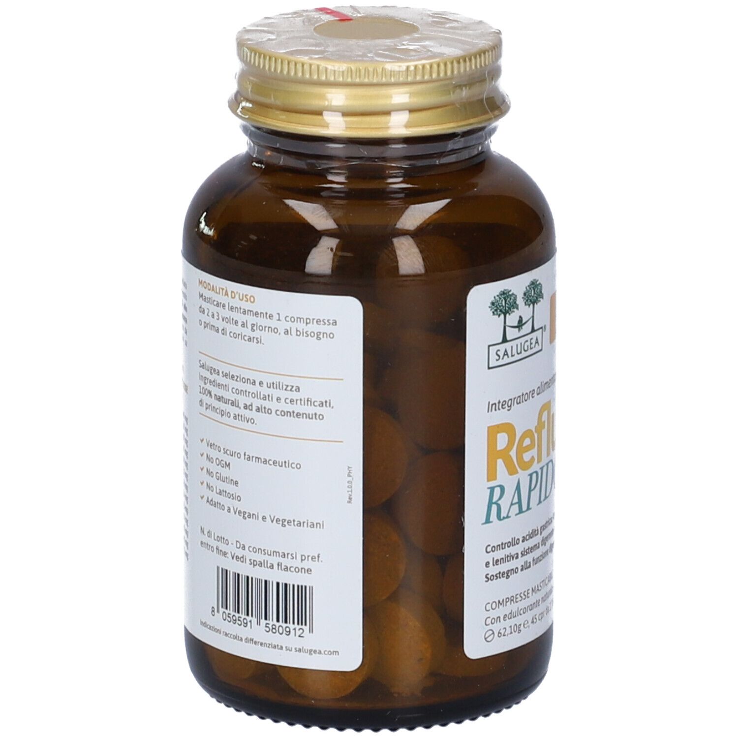 Vista posteriore del flacone in vetro marrone. Etichetta con informazioni e ingredienti del prodotto. Contiene compresse.