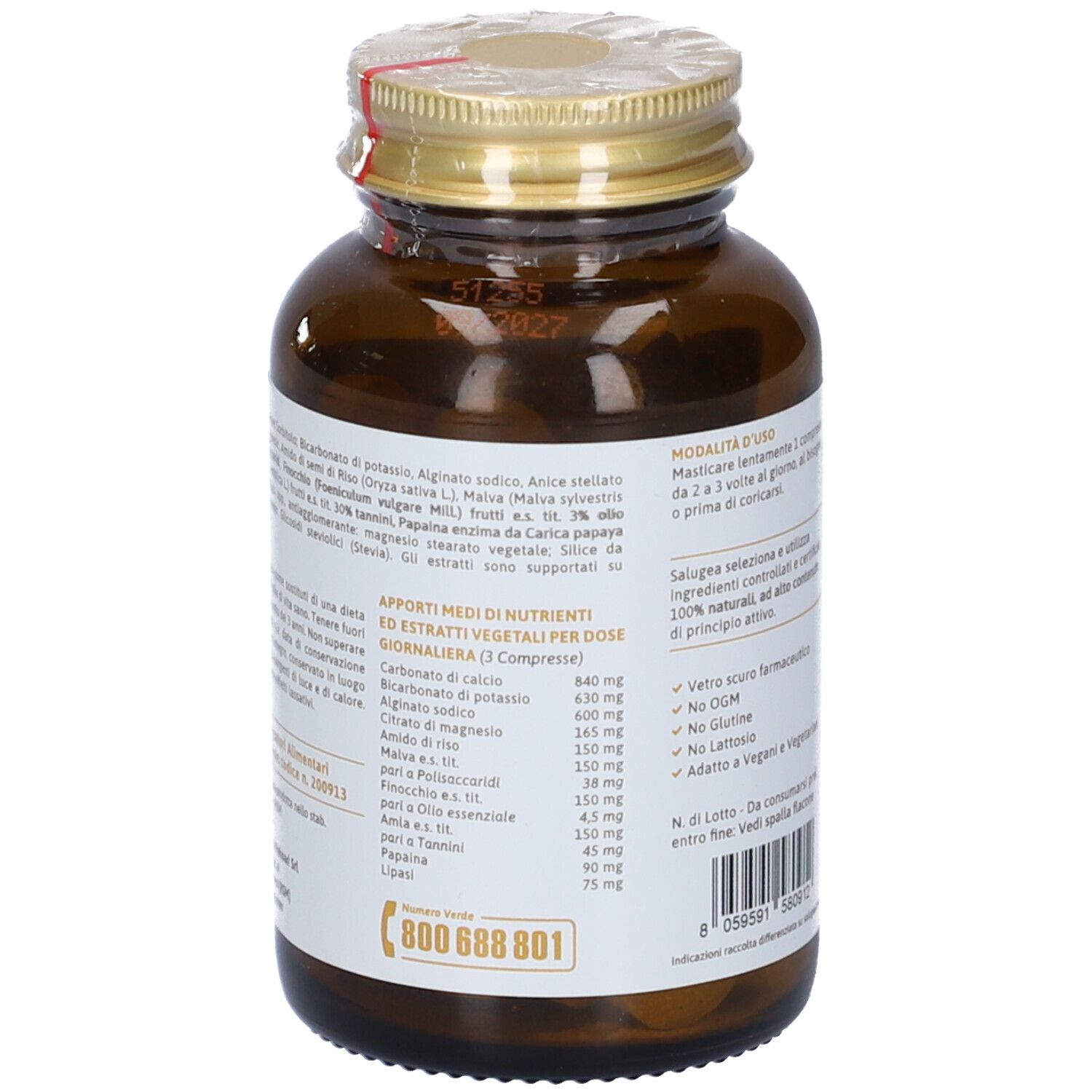 Vista posteriore del flacone. Etichetta con ingredienti e dosaggio. Contiene compresse.