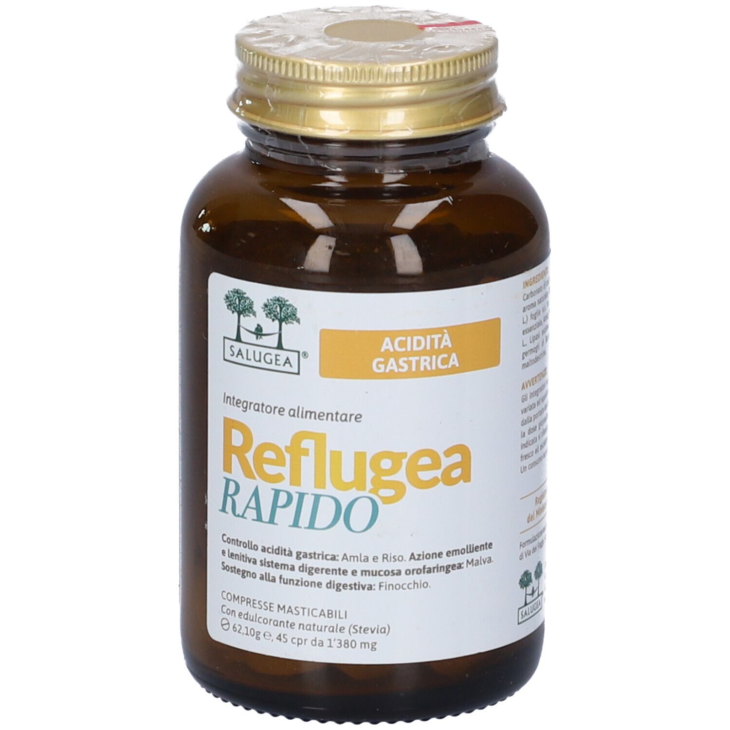 Flacone di vetro marrone con tappo dorato. Etichetta con nome e testo del prodotto. Contiene 45 compresse.