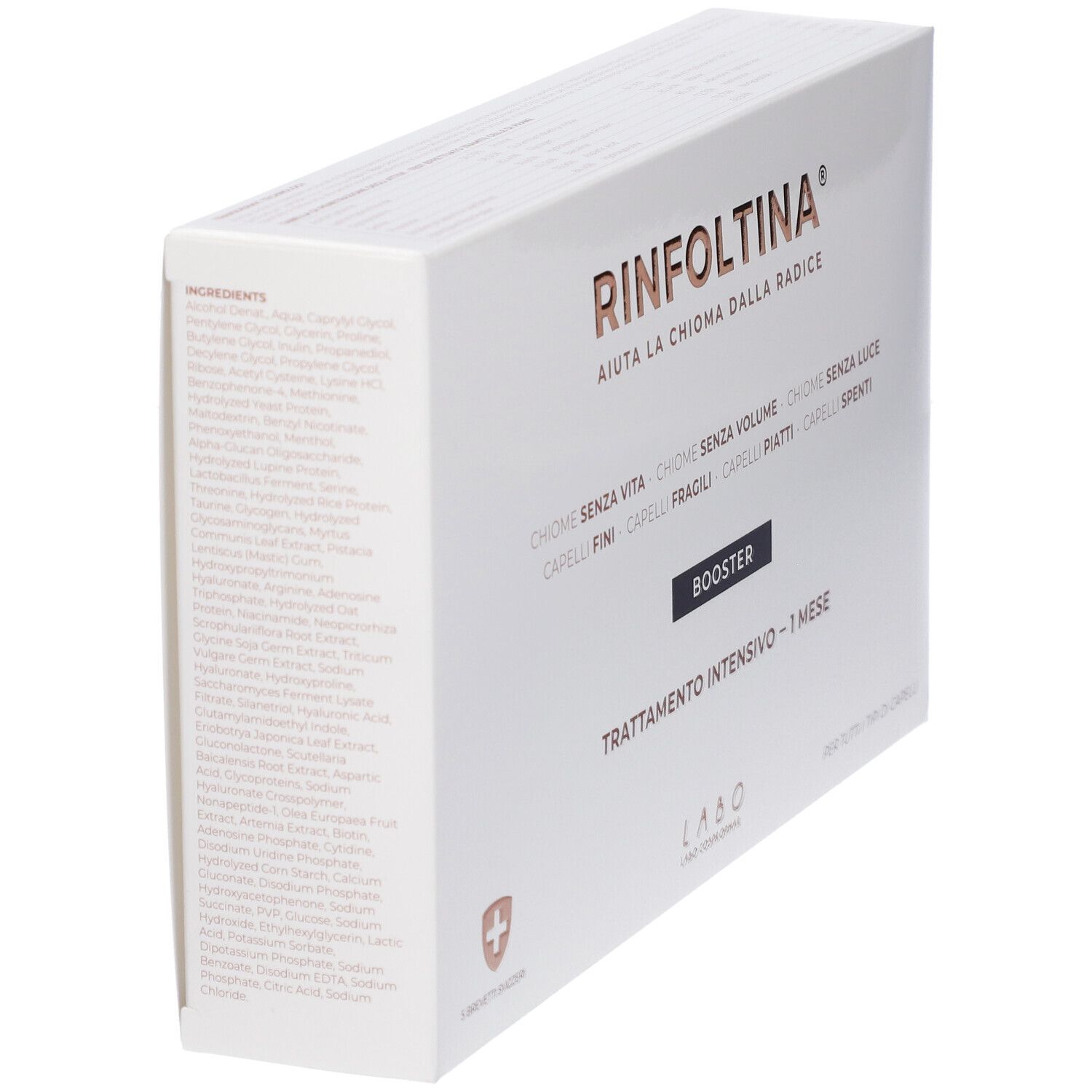 Confezione bianca RINFOLTINA. Scritta: BOOSTER, TRATTAMENTO INTENSIVO - 1 MESE. Logo LABO. Elenco ingredienti sul lato.