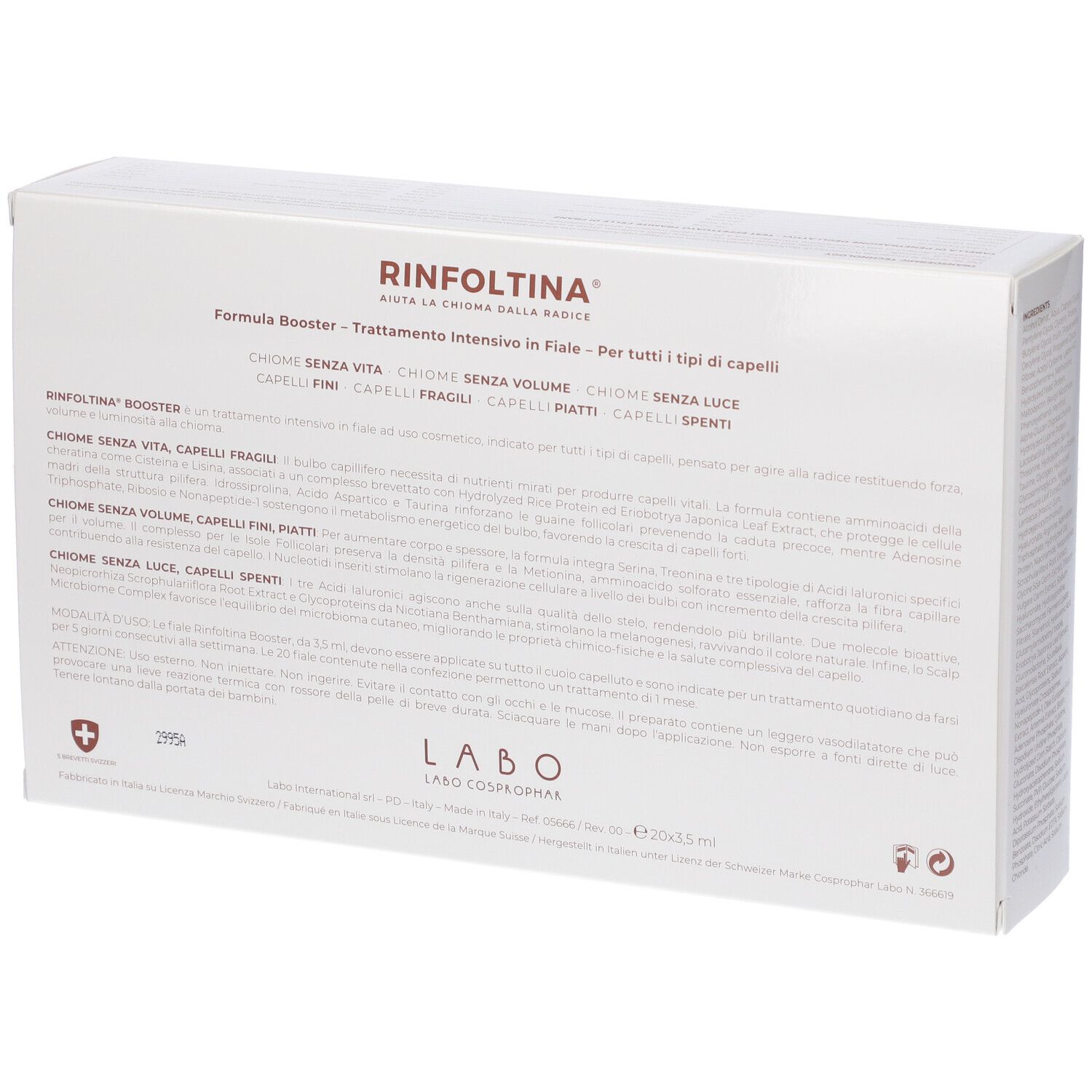 Confezione bianca RINFOLTINA. Scritta: BOOSTER, TRATTAMENTO INTENSIVO - 1 MESE. Logo LABO. Testo sul retro.