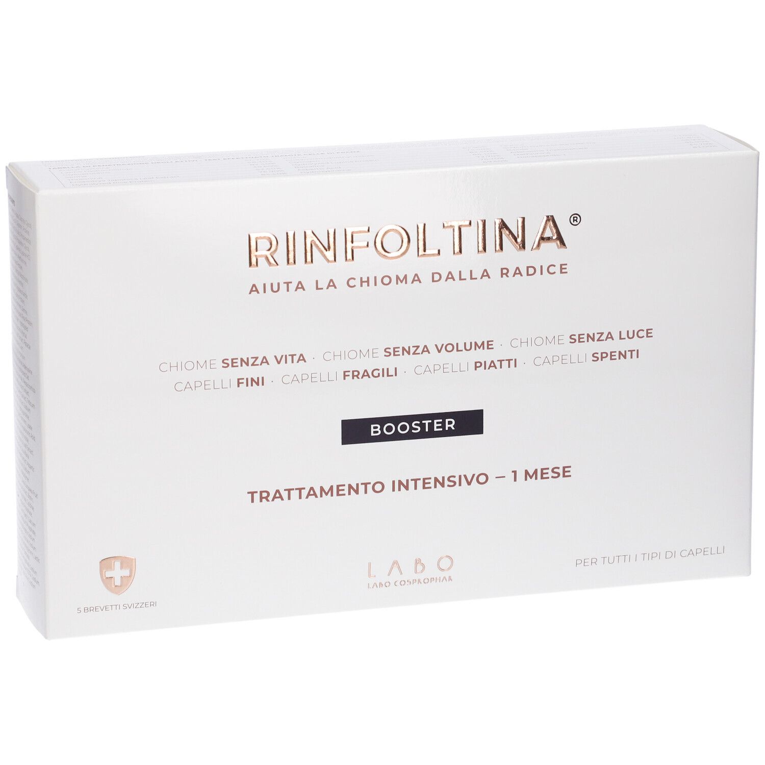 Confezione bianca RINFOLTINA. Scritta: BOOSTER, TRATTAMENTO INTENSIVO - 1 MESE. Logo LABO. Per tutti i tipi di capelli.