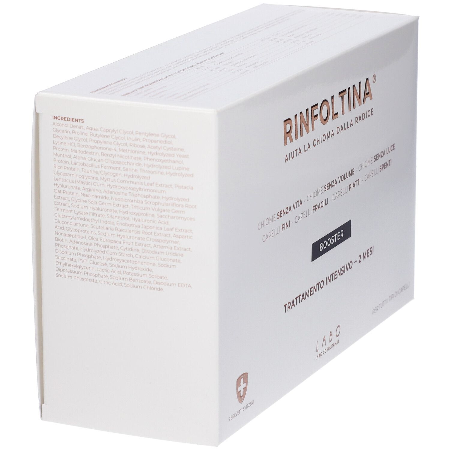 Confezione bianca con elenco ingredienti. Logo RINFOLTINA. Testo in italiano. Logo croce svizzera.