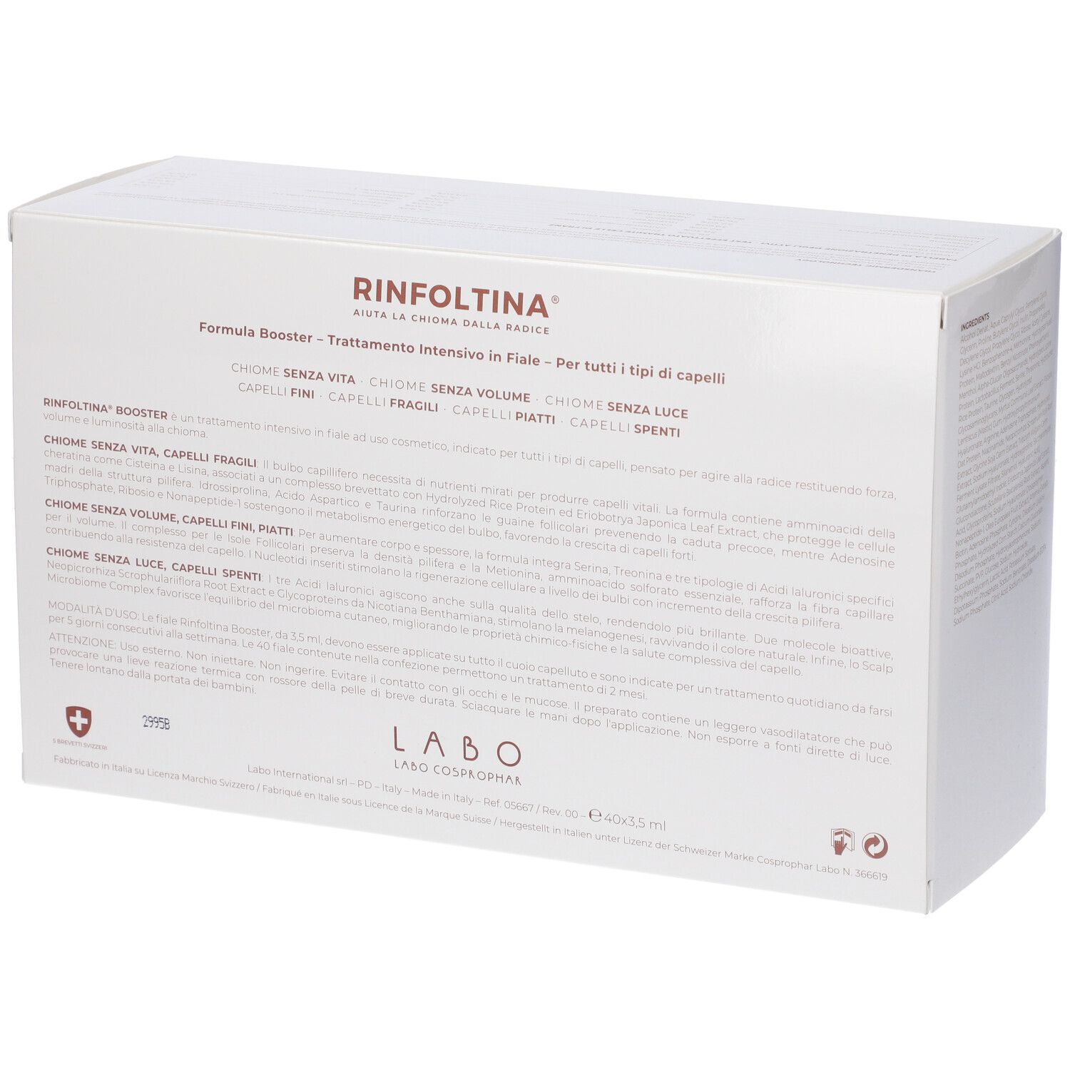 Confezione bianca con testo. Logo RINFOLTINA. Testo in italiano. Logo croce svizzera. Logo LABO.