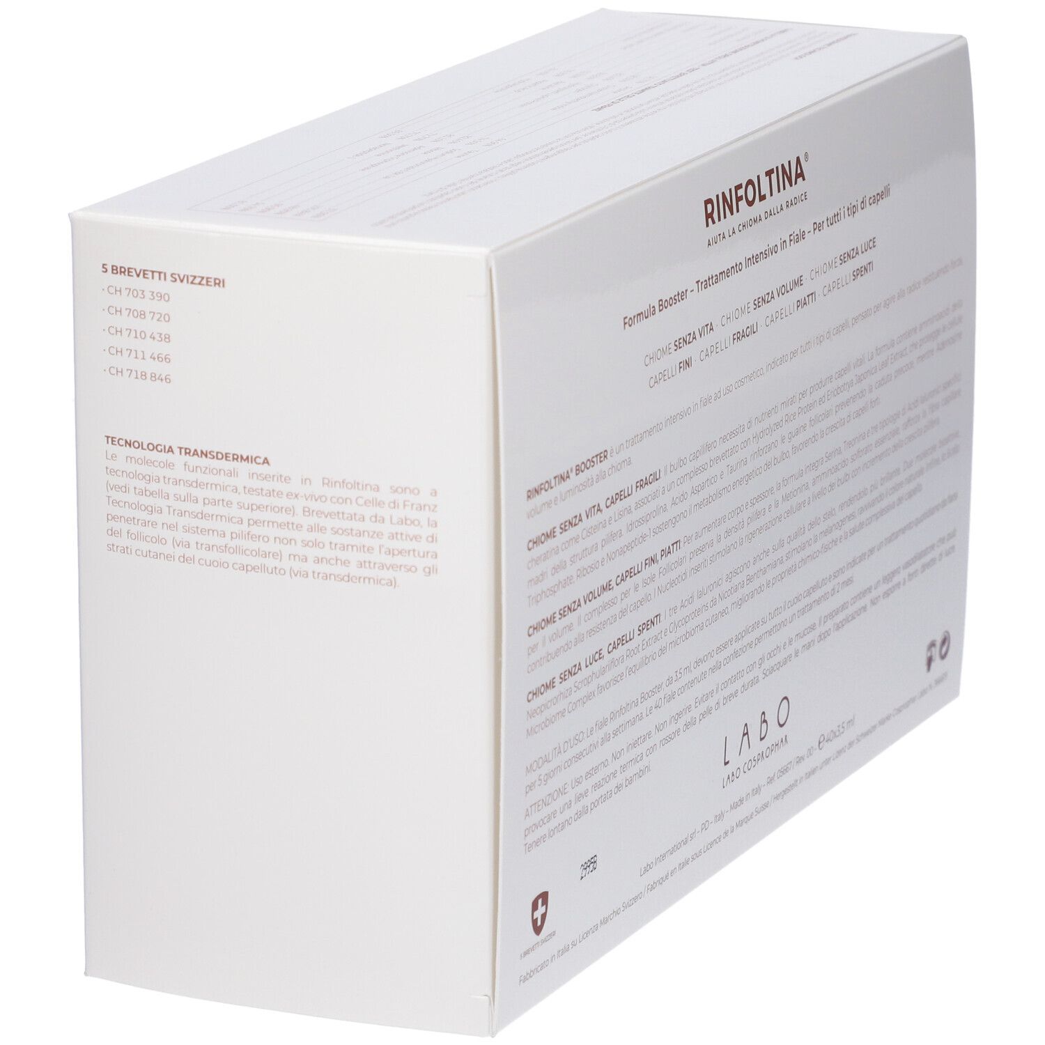 Confezione bianca con testo. Logo RINFOLTINA. Testo in italiano. Logo croce svizzera. Logo LABO.