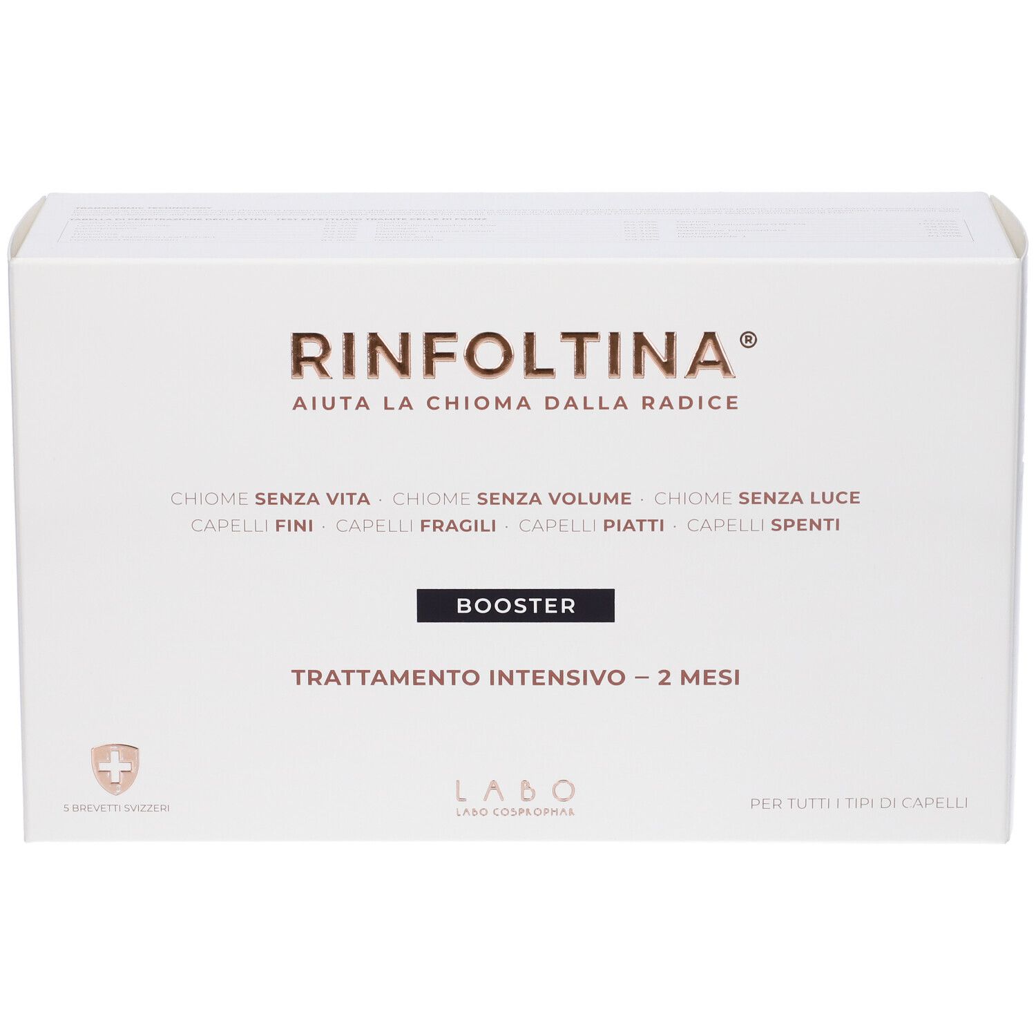 Confezione bianca RINFOLTINA con testo dorato. BOOSTER, TRATTAMENTO INTENSIVO - 2 MESI. Logo. Per tutti i tipi di capelli.