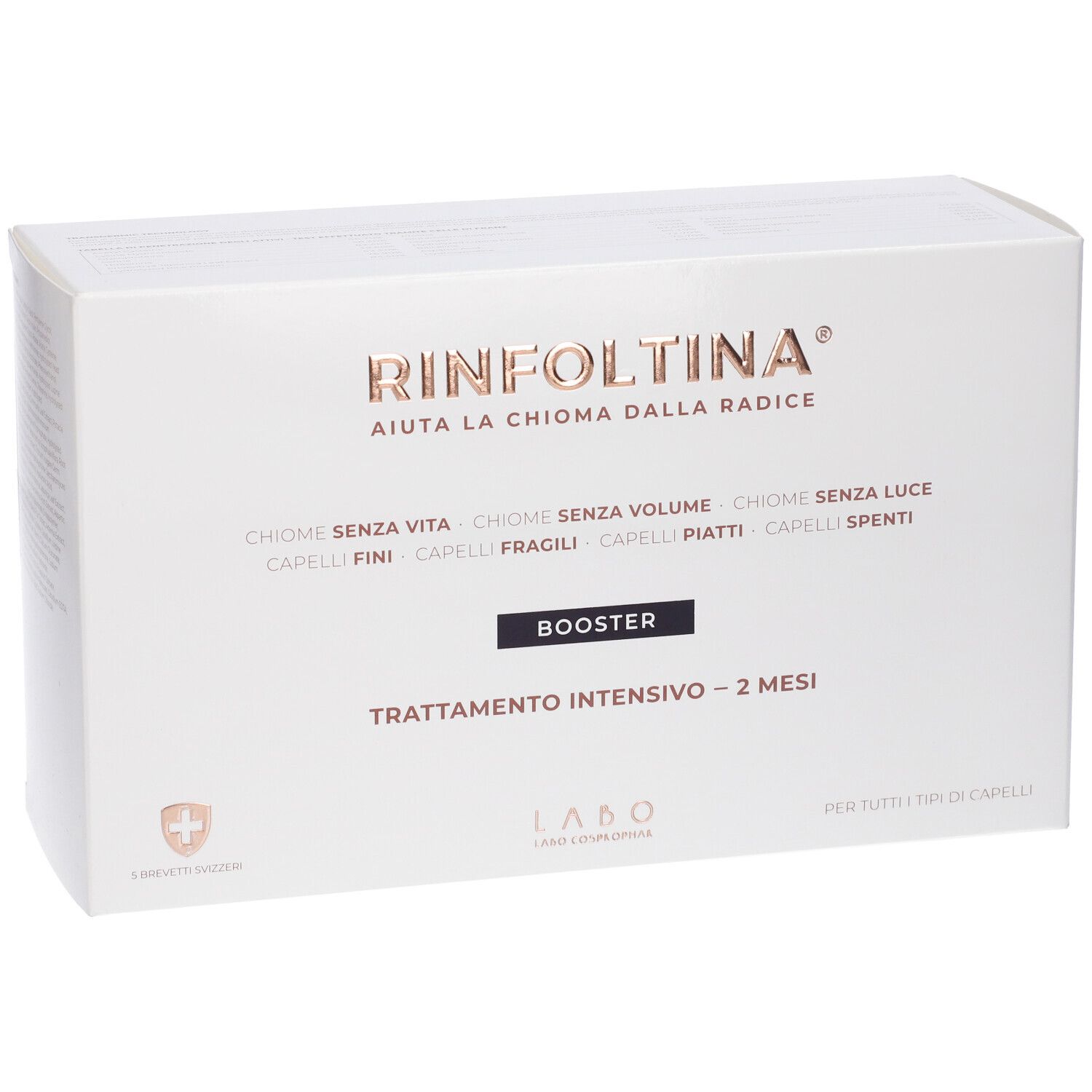 Confezione bianca RINFOLTINA con testo dorato. BOOSTER, TRATTAMENTO INTENSIVO - 2 MESI. Logo. Per tutti i tipi di capelli.