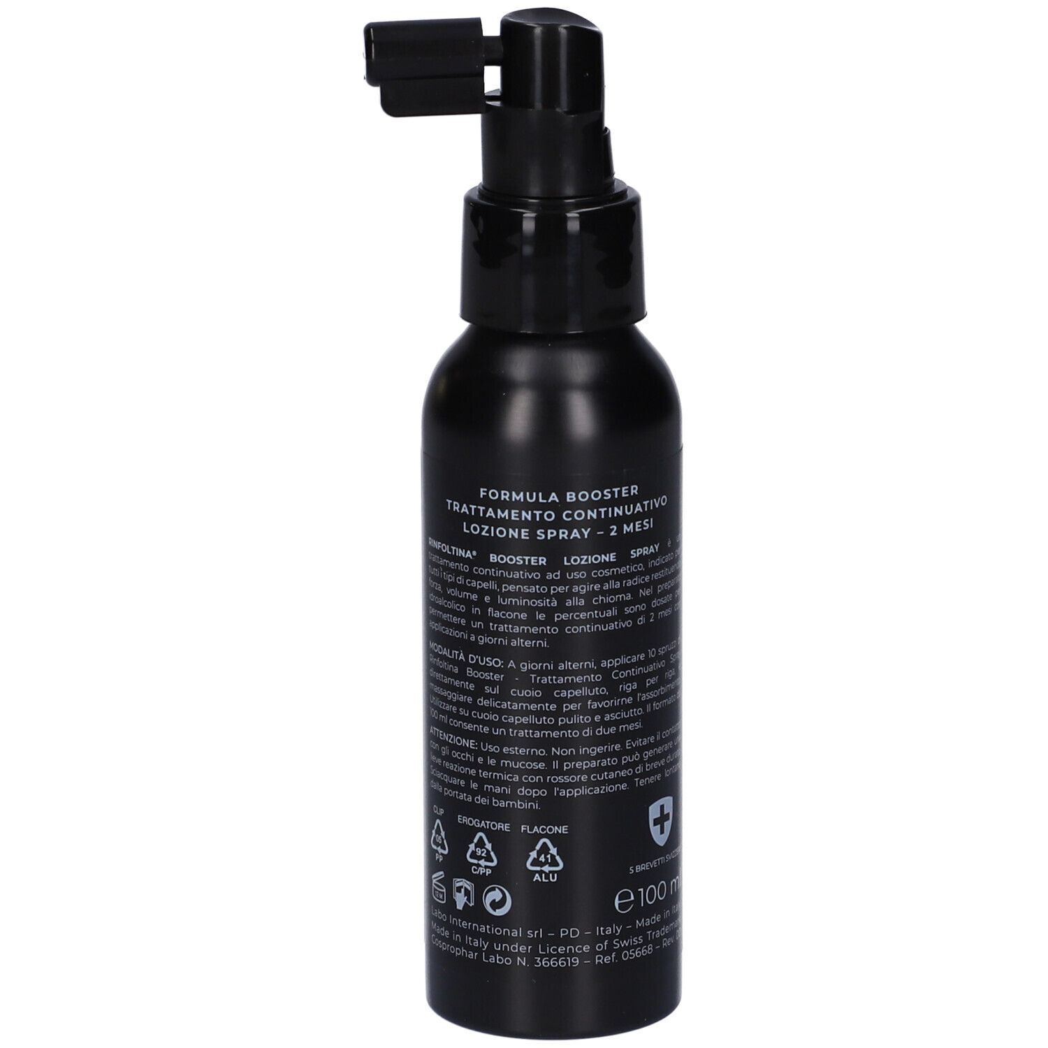 Flacone spray nero con erogatore nero. Retro con testo e simboli. Scritta Rinfoltina, Booster, 2 mesi.