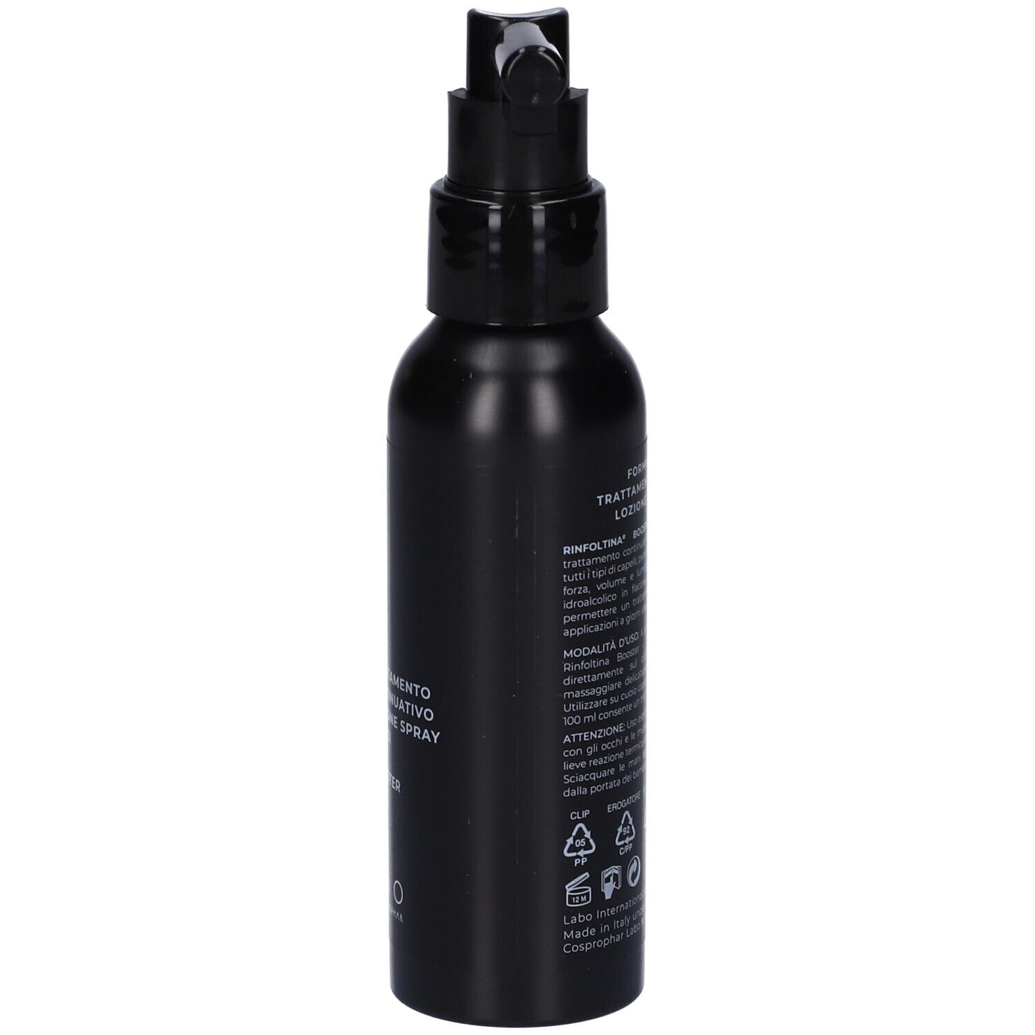 Flacone spray nero con erogatore nero. Scritta Rinfoltina, Trattamento Continuativo, Loziione Spray, 2 mesi.