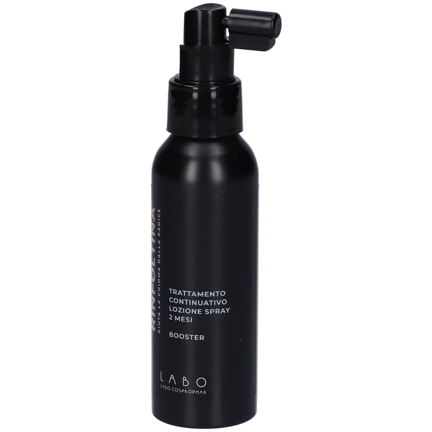 Flacone spray nero con erogatore nero. Scritta Rinfoltina, Booster, Trattamento Continuativo, Loziione Spray.