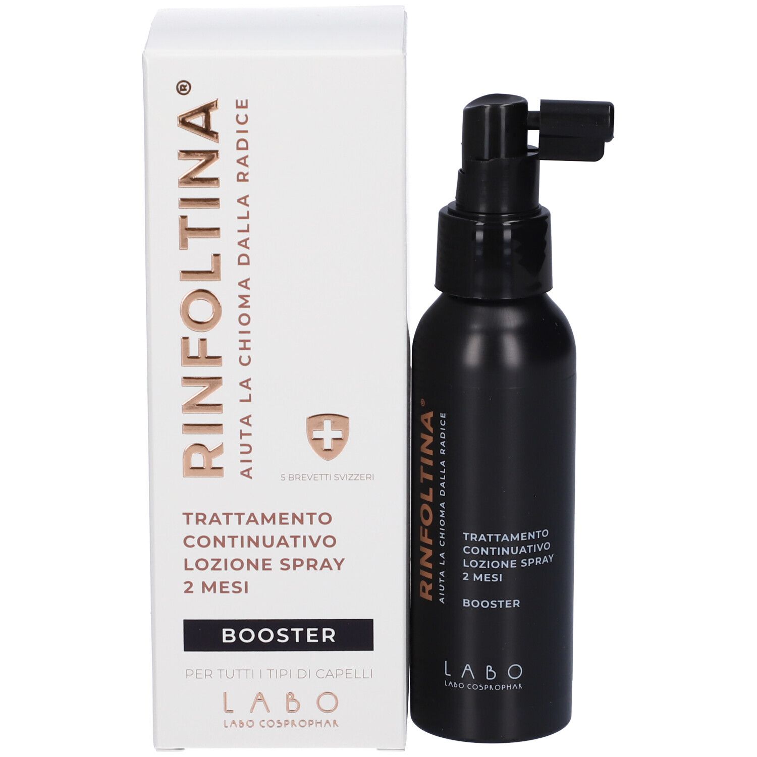Confezione del prodotto e flacone spray. Confezione bianca con scritta Rinfoltina, Booster, Trattamento Continuativo, Loziione Spray.