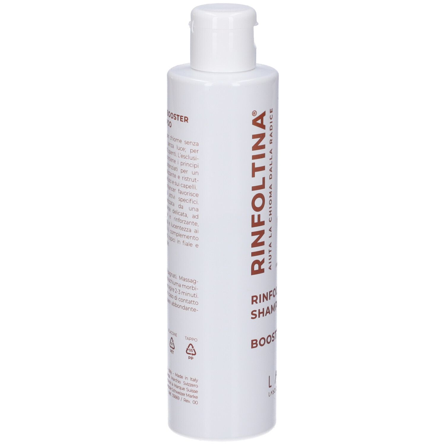 Flacone bianco con testo. Contiene Rinfoltina Shampoo Booster. Retro con testo.