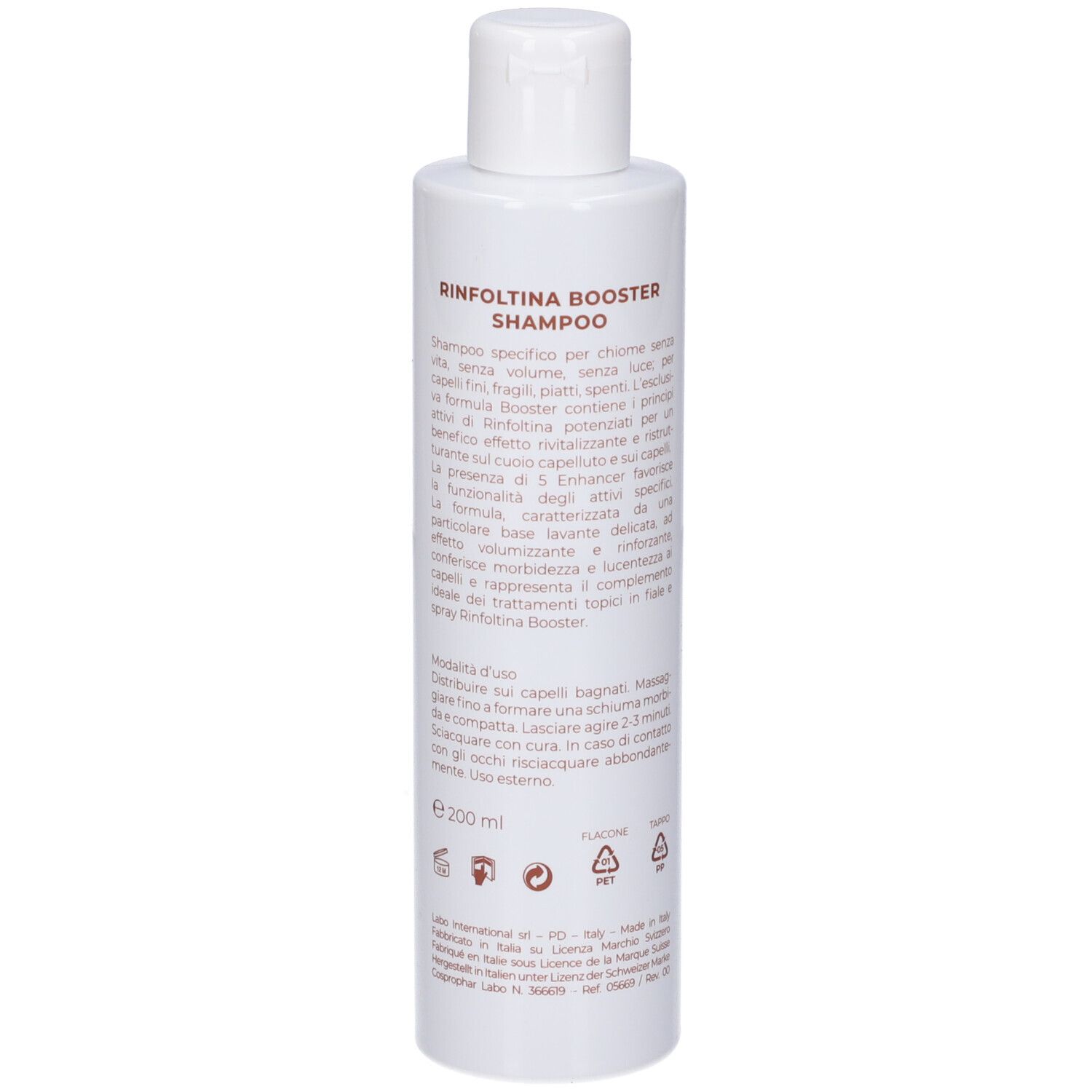 Flacone bianco con testo. Contiene Rinfoltina Shampoo Booster. Retro con testo e volume.
