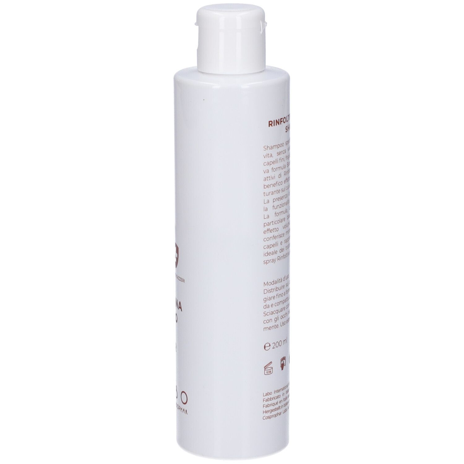 Flacone bianco con testo. Contiene Rinfoltina Shampoo Booster. Retro con testo.