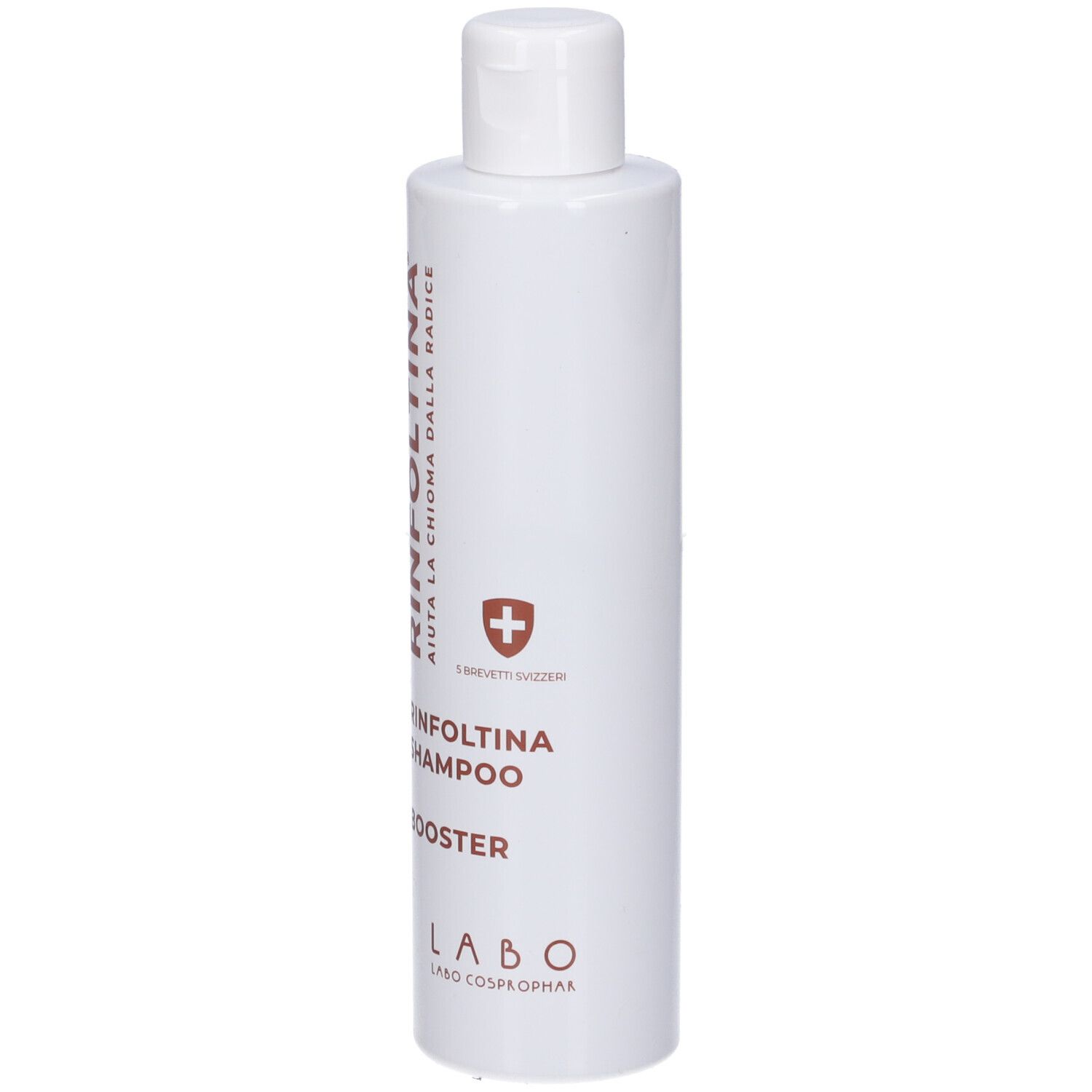 Flacone bianco con scritta marrone. Contiene Rinfoltina Shampoo Booster. Logo con croce.