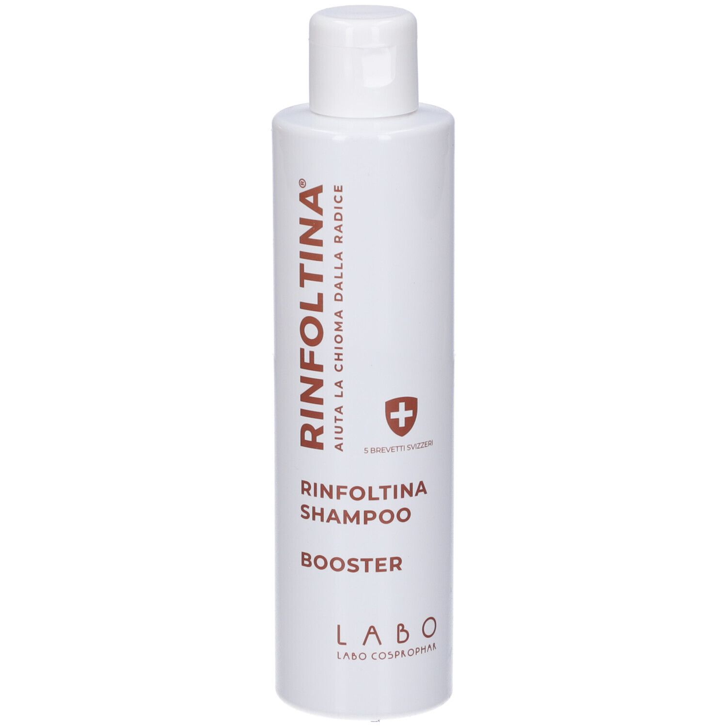Flacone bianco con scritta marrone. Contiene Rinfoltina Shampoo Booster. Logo con croce.