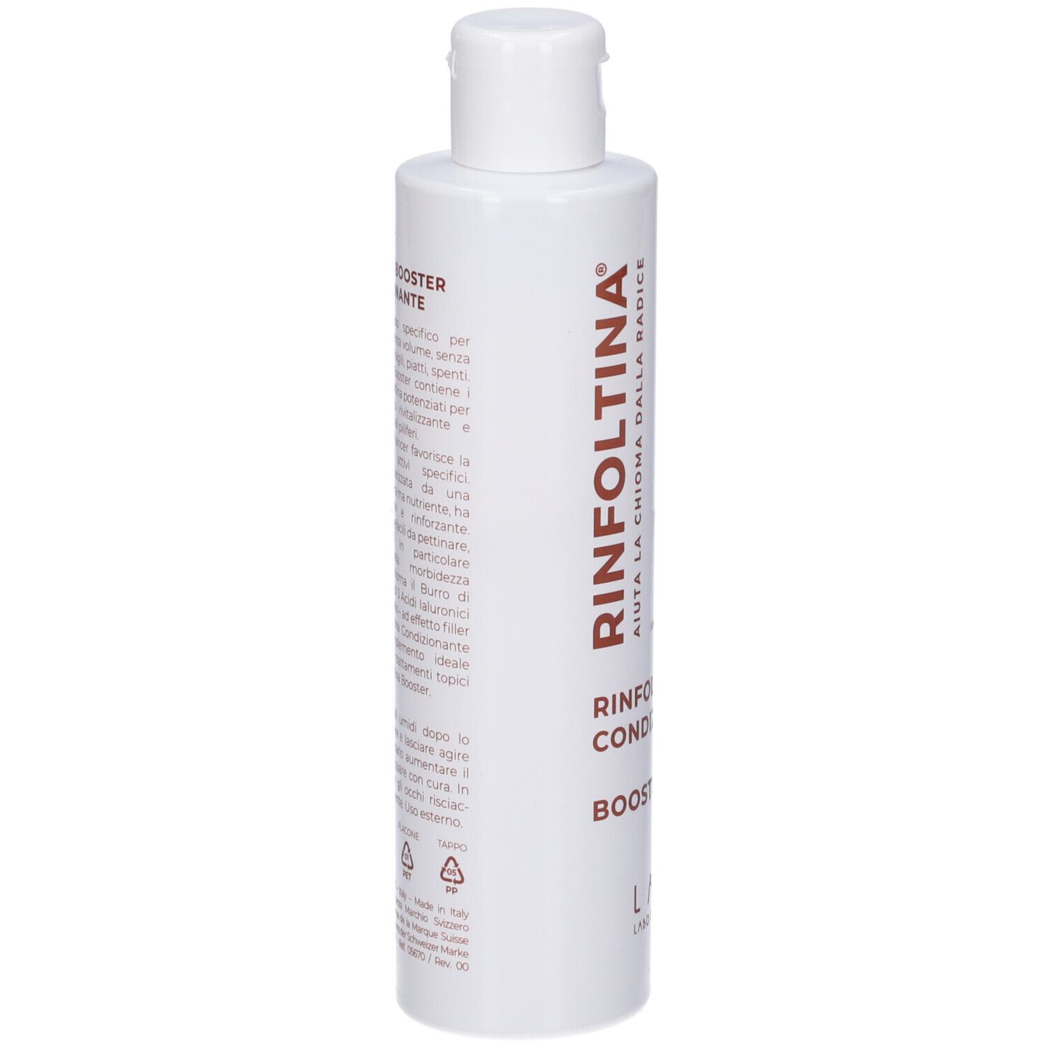 Flacone bianco con testo. Nome prodotto: Rinfoltina Booster Condizionante. Testo in italiano.