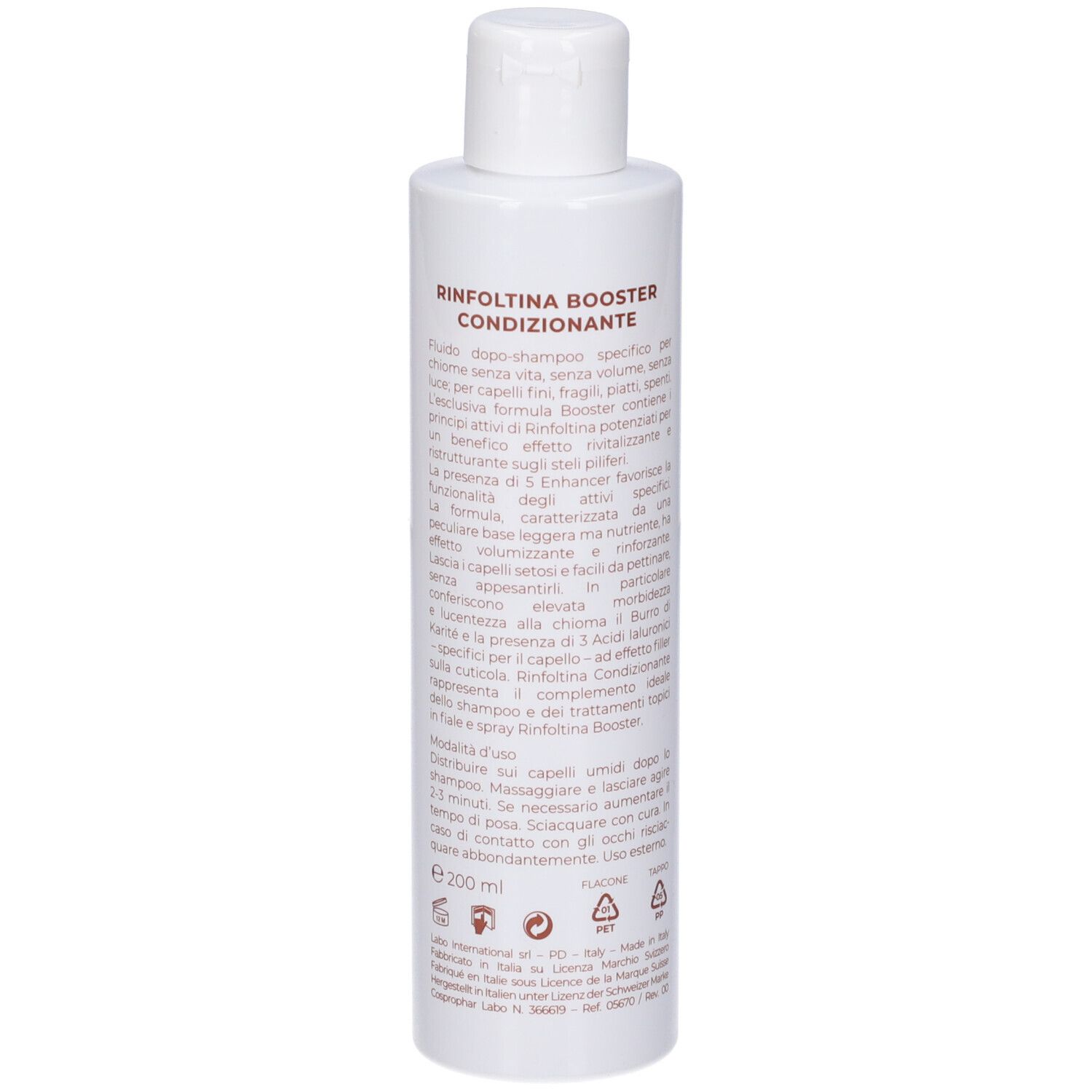 Flacone bianco con testo. Nome prodotto: Rinfoltina Booster Condizionante. Testo in italiano.