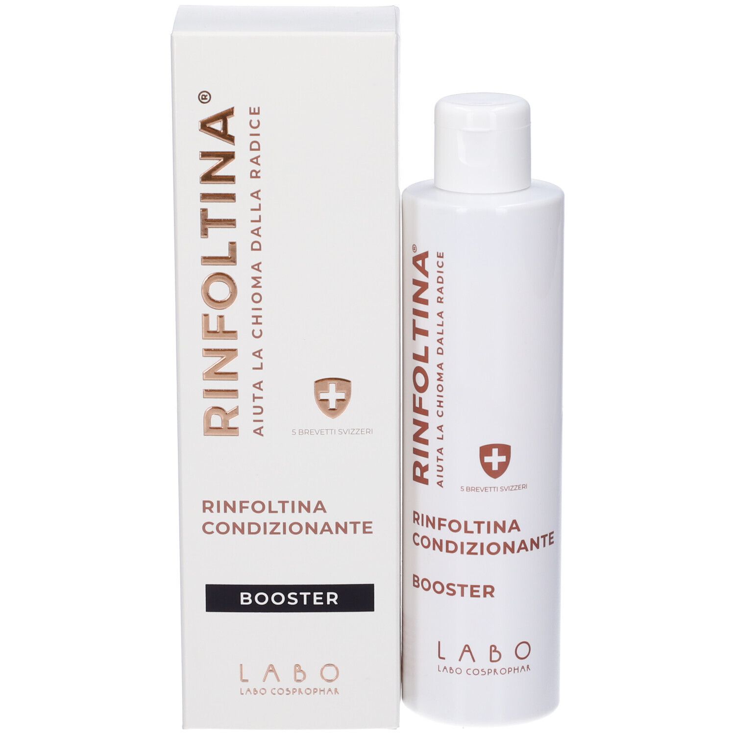 Flacone e confezione. Nome prodotto: Rinfoltina Booster Condizionante. Logo e testo: Labo.