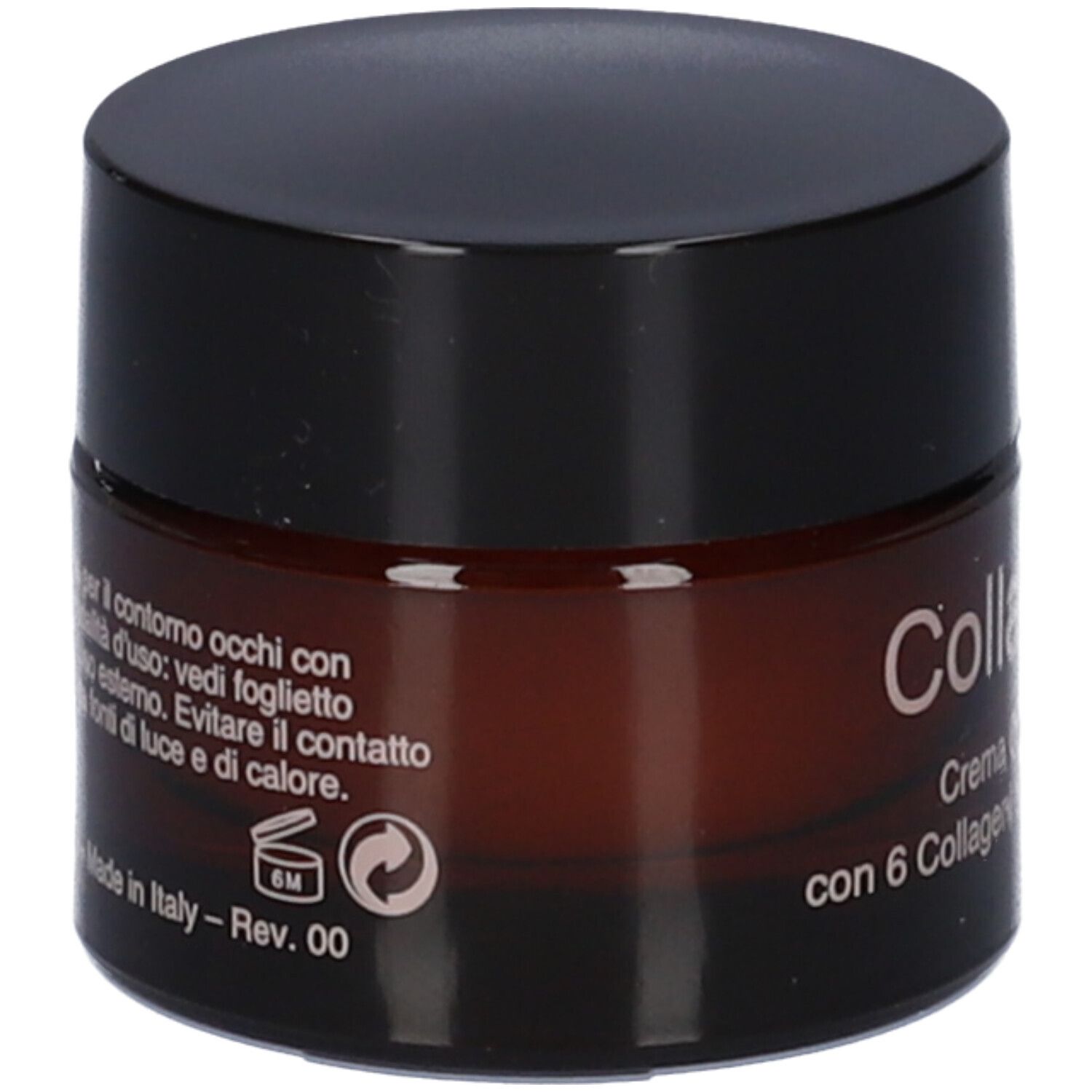 Vasetto di crema marrone con coperchio nero. Scritte e simboli sul retro.