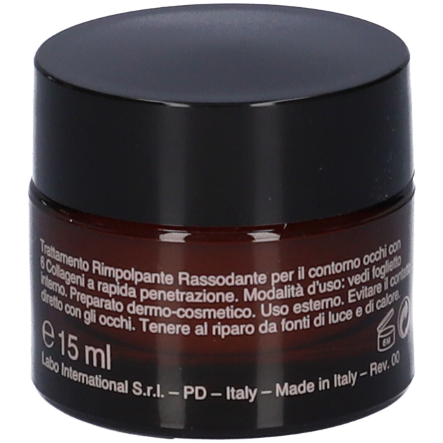 Vasetto di crema marrone con coperchio nero. Scritta: e 15 ml, Labo International S.r.l.