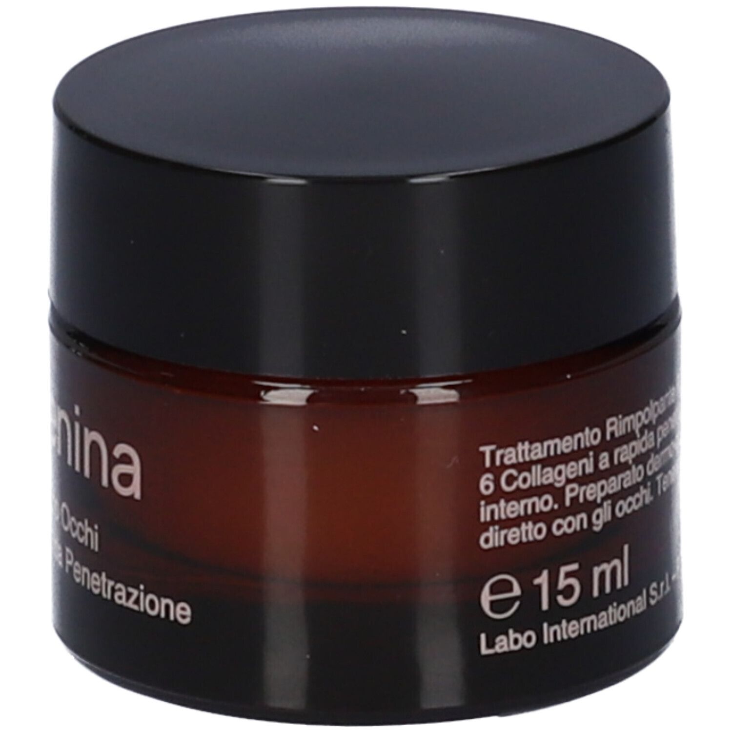 Vasetto di crema marrone con coperchio nero. Scritta: e 15 ml, Labo International S.r.l.