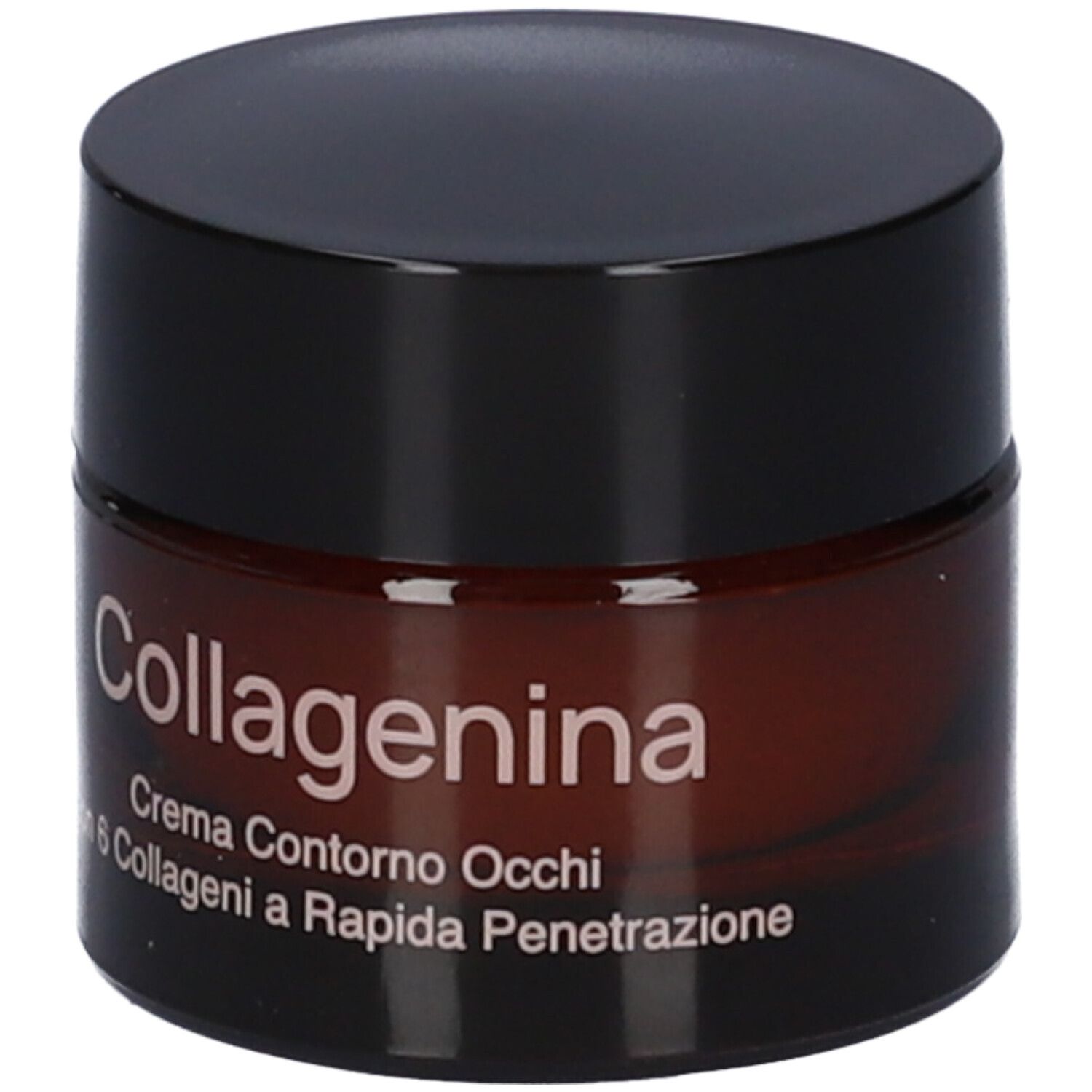 Vasetto di crema marrone con coperchio nero. Scritta: Collagenina, Crema Contorno Occhi, con 6 Collageni.