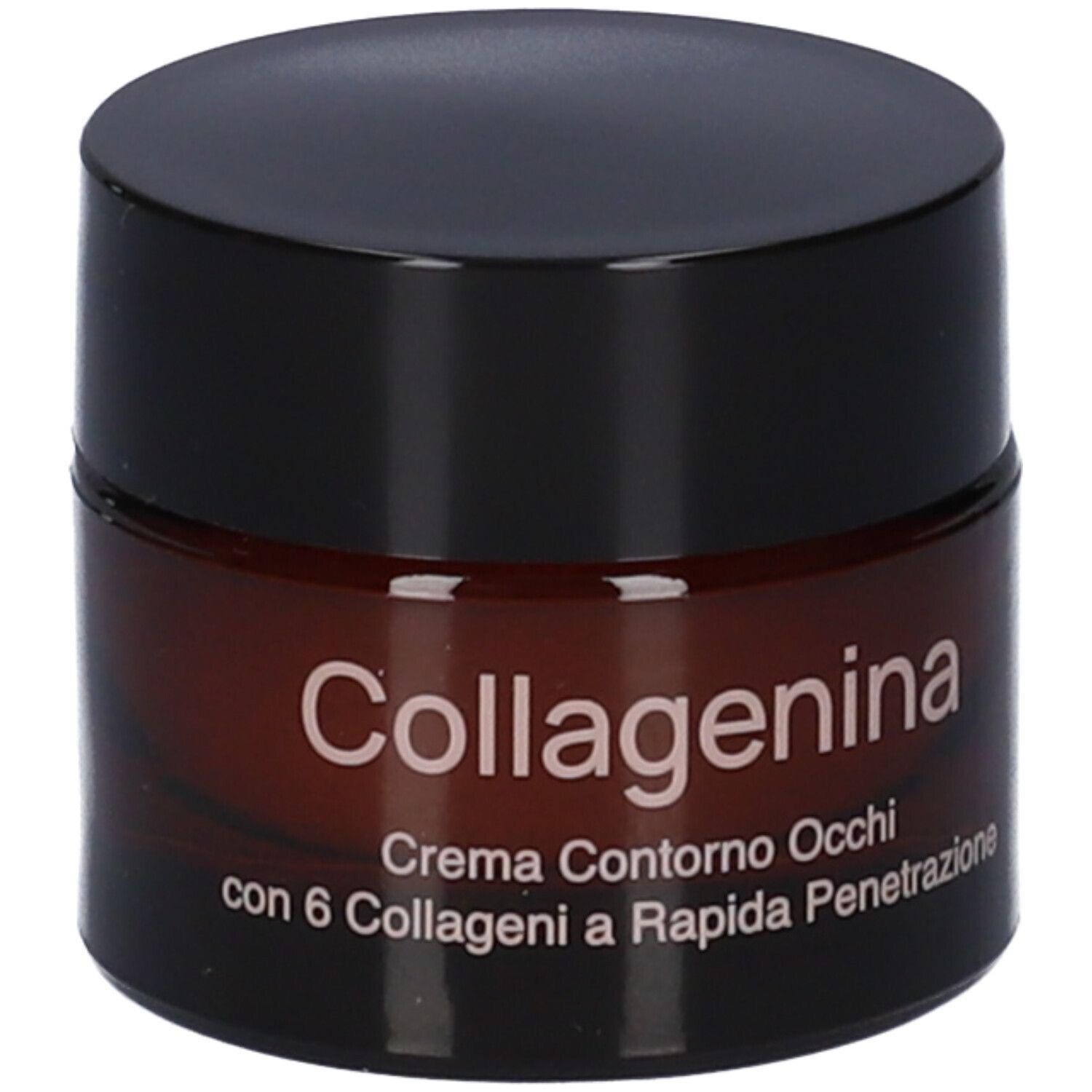 Vasetto di crema marrone con coperchio nero. Scritta: Collagenina, Crema Contorno Occhi, con 6 Collageni.