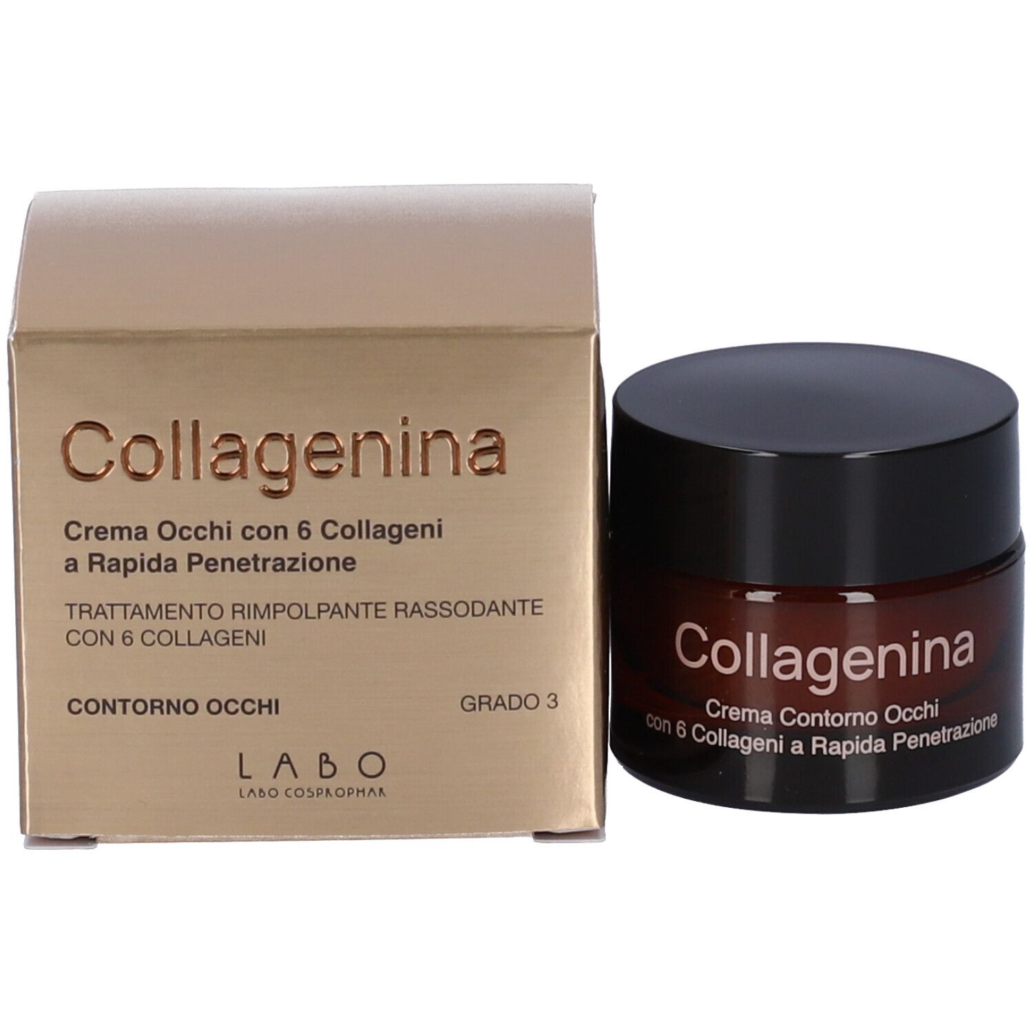 Vasetto di crema e confezione. Scritta: Collagenina, Crema Occhi con 6 Collageni, Contorno Occhi, Grado 3.