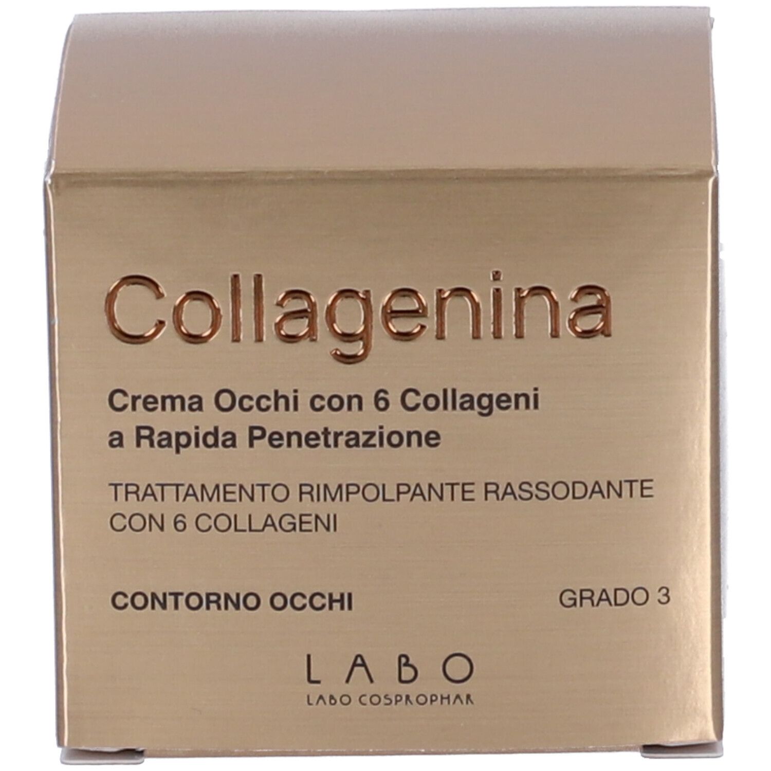 Confezione. Scritta: Collagenina, Crema Occhi con 6 Collageni, Contorno Occhi, Grado 3.