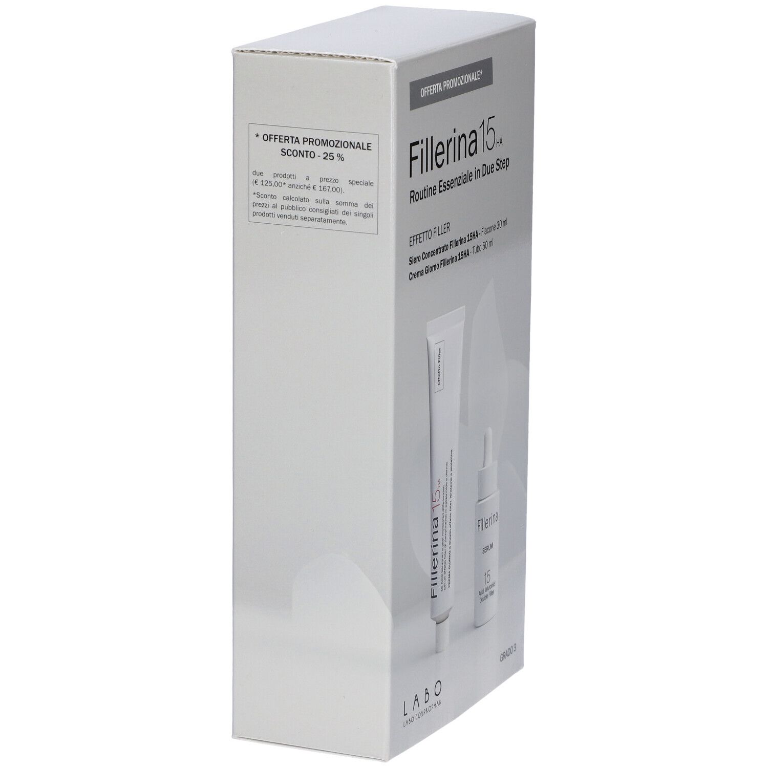 Confezione bianca. Contiene testo e immagine prodotto. Forma squadrata, con indicazione sconto.