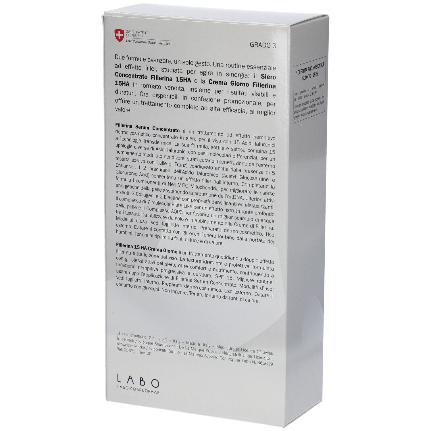 Confezione prodotto con testo. Croce svizzera. Testo: ingredienti, uso, informazioni produttore.