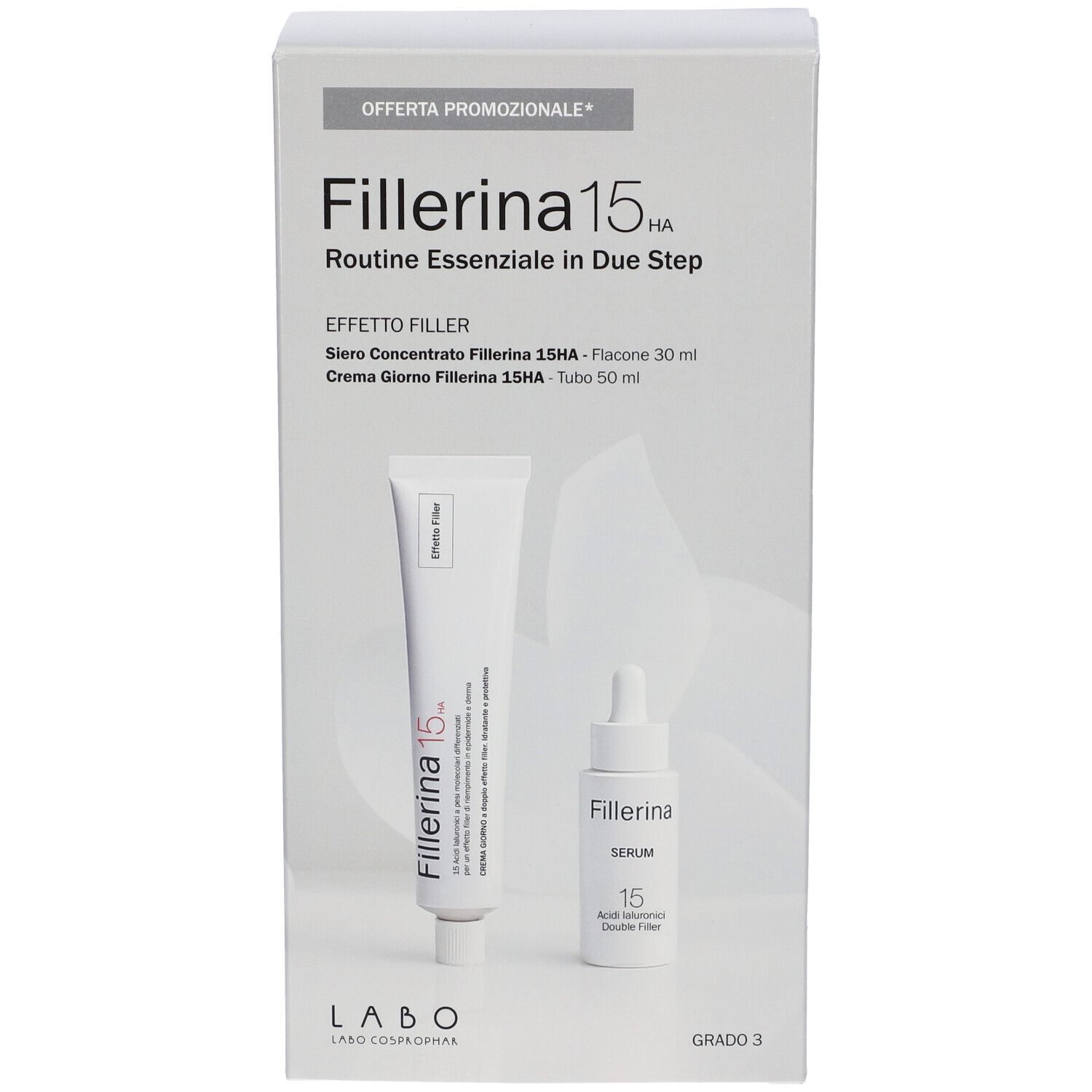 Confezione con tubo e flacone. Testo: Fillerina 15HA, Routine Essenziale in Due Step.